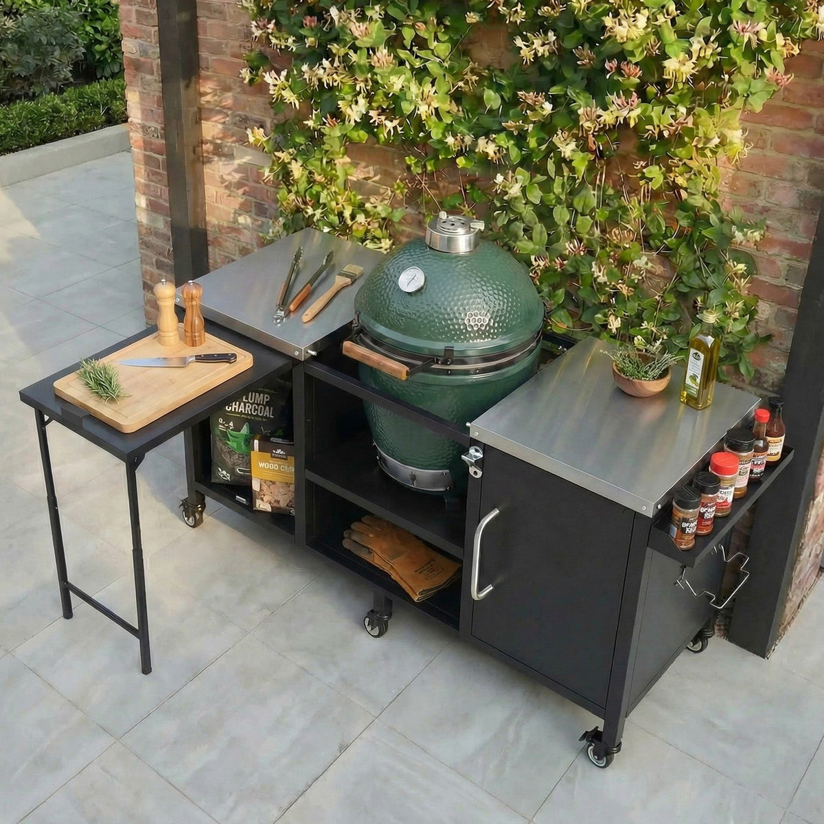Roomfitters 72.4"W Extra Large Grill Cart, Outdoor Kitchen Prep Station with Stainless Steel Top and Folding Side Table, Black