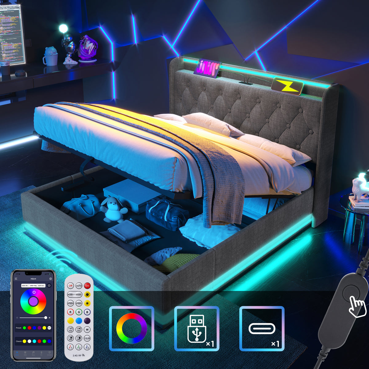 variant-group:rf-n736p188806g|Roomfitters Full Size Upholstered Storage Bed with USB Type-C Charging and Remote Control, Linen Gray