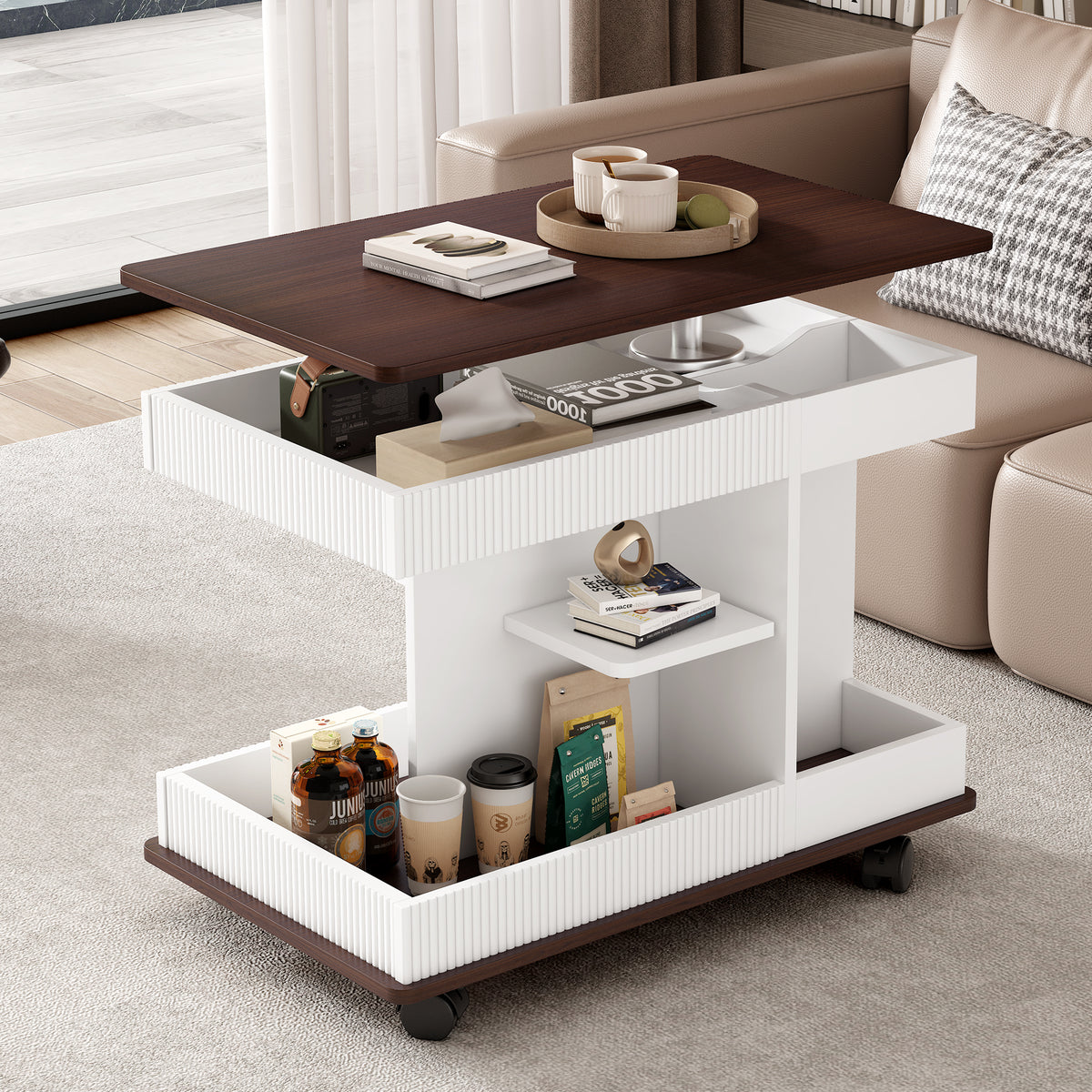 variant-group:rf-n724p292505k|Roomfitters Adjustable Sofa Side Table with Lift-Top, Rotating Surface and Storage on Wheels for Small Spaces, Brown