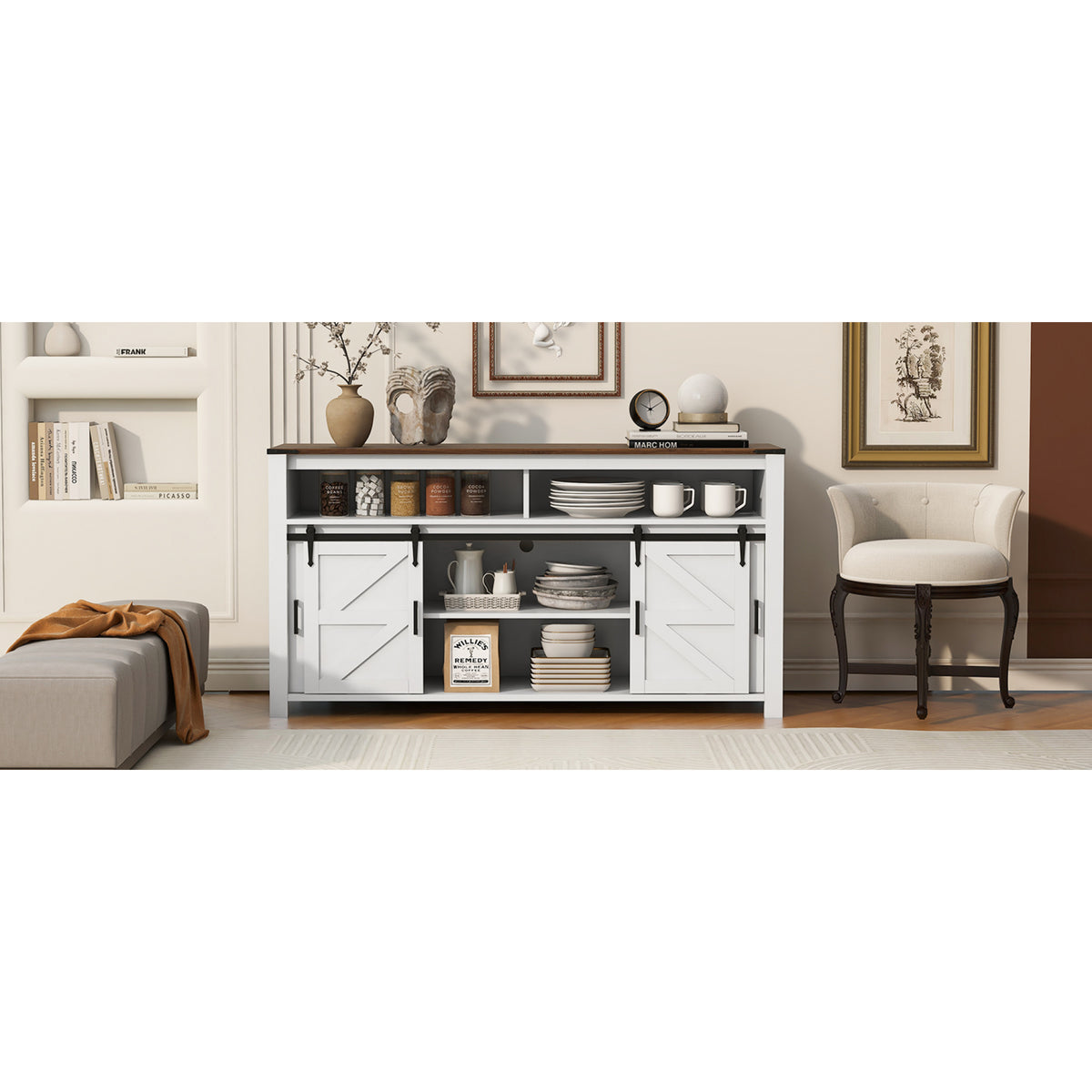 variant-group:rf-n711p347388k|Roomfitters 59.3" Sideboard Buffet Cabinet with Sliding Barn Doors, Modern Farmhouse Storage for Kitchen & Dining, Brown+White