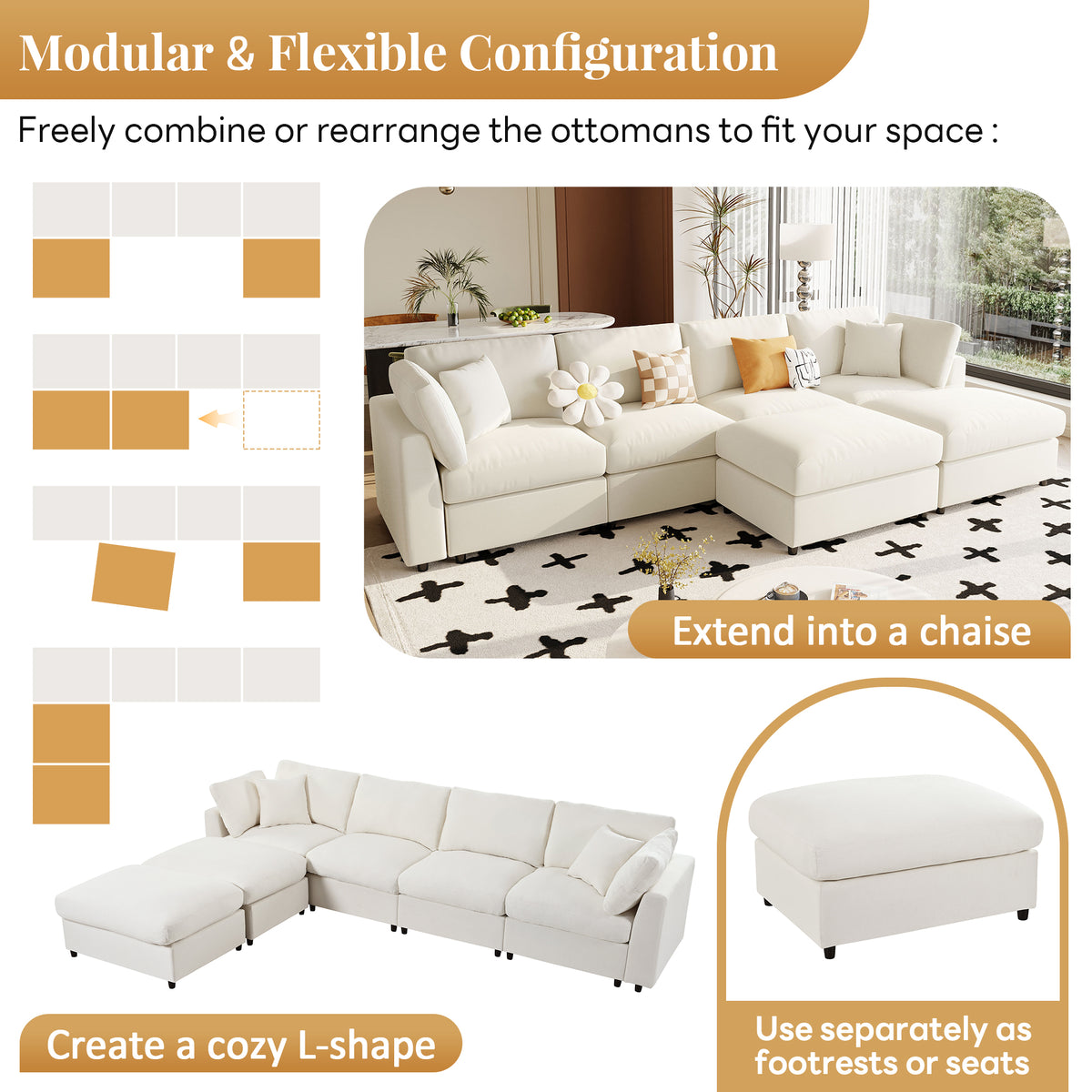 variant-group:rf-n711wy000474aaa|Roomfitters 128.2-Inch Customizable U-Shaped Sectional Sofa, 6-Seater Chenille Couch, 2 Movable Ottomans, Pit Lounge, Beige