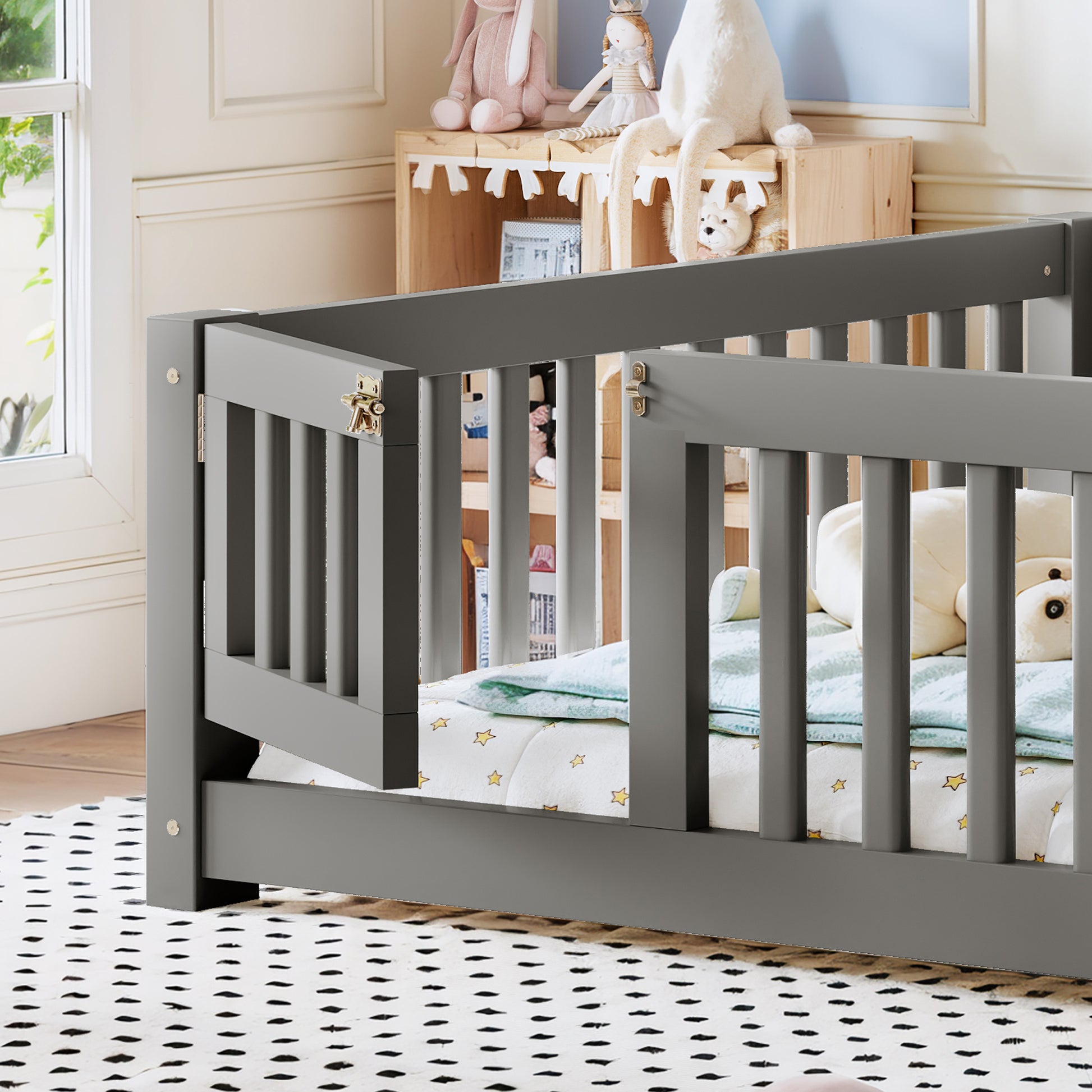 variant-group:rf-w1580p462318|Roomfitters Full Size Wooden Floor Bed Frame with Safety Guardrails Door, Solid Wood Low Profile Toddler Play Bed, Gray