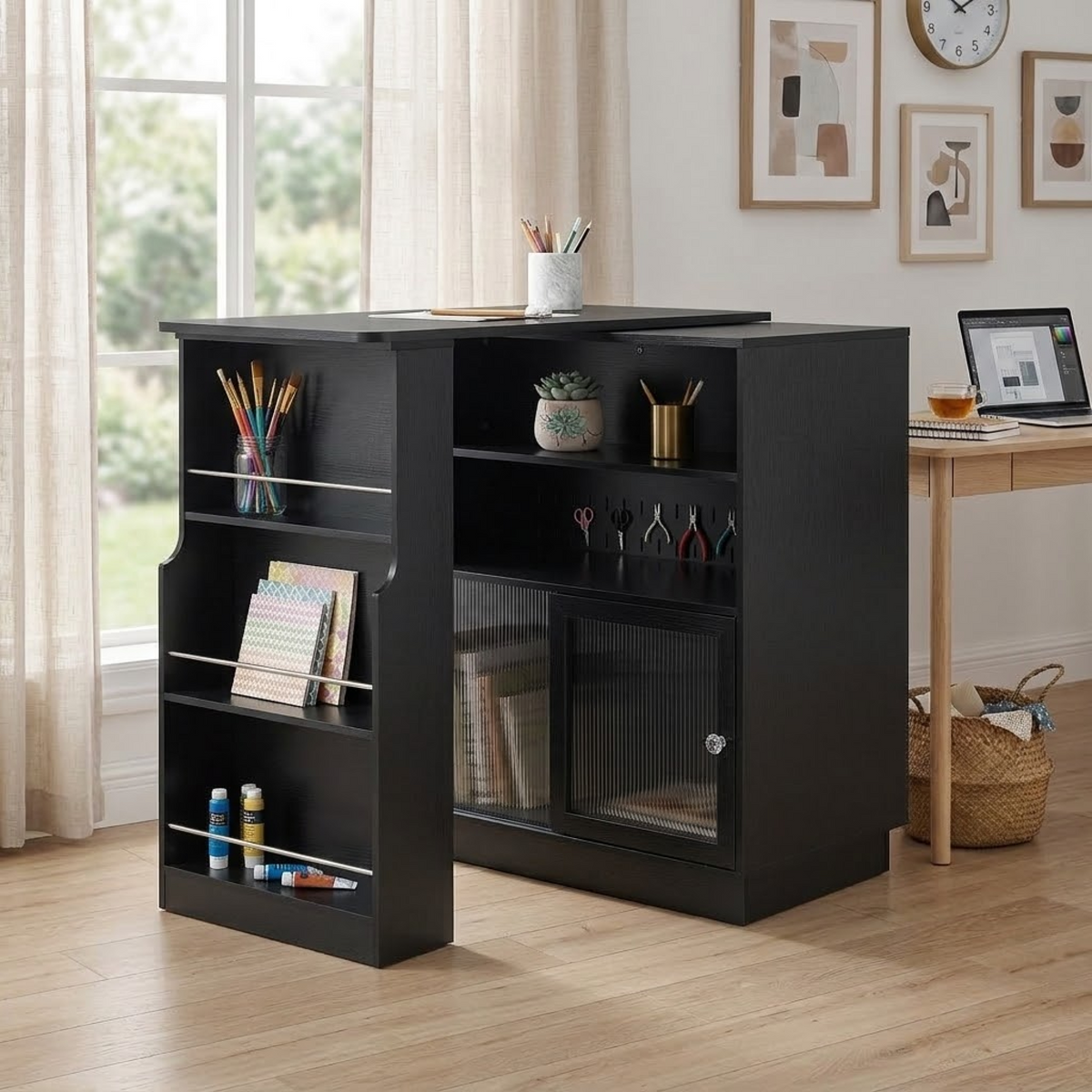 variant-group:rf-n711p437809b|Roomfitters Black MDF Counter Height Kitchen Island Sideboard Cabinet, Extendable Table, Acrylic Sliding Doors