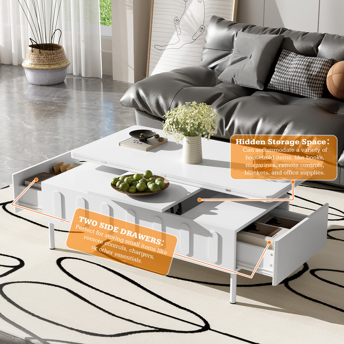 variant-group:rf-n724p292514k|Roomfitters Lift-Top Coffee Table with 2 Drawers and Foldable Top, Hidden Storage Compartment, Adjustable Center Table, White