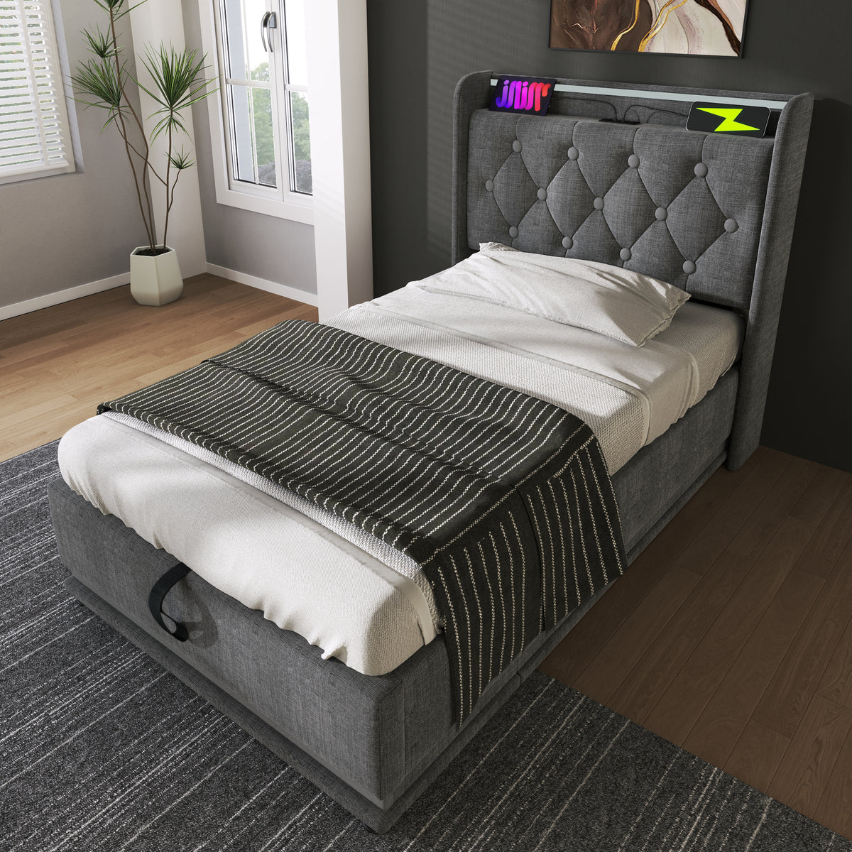variant-group:rf-n736p188805g|Roomfitters Twin Size Upholstered Storage Bed with USB Type-C Charging and Remote Control, Linen Gray