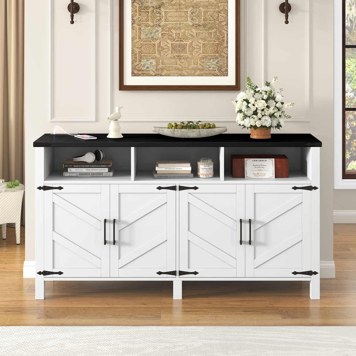 variant-group:rf-n711p347407k|Roomfitters 59" Sideboard Buffet Cabinet with 4 Door & Open Storage, Modern Farmhouse Industrial Coffee Bar Station, White+Black