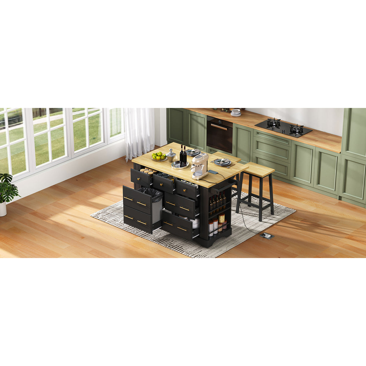 variant-group:rf-n707s307292b|Roomfitters 51" Kitchen Island with Power Outlet and Drop Leaf, Rolling Cabinet with Pull-Out Trash Can Drawer, Black