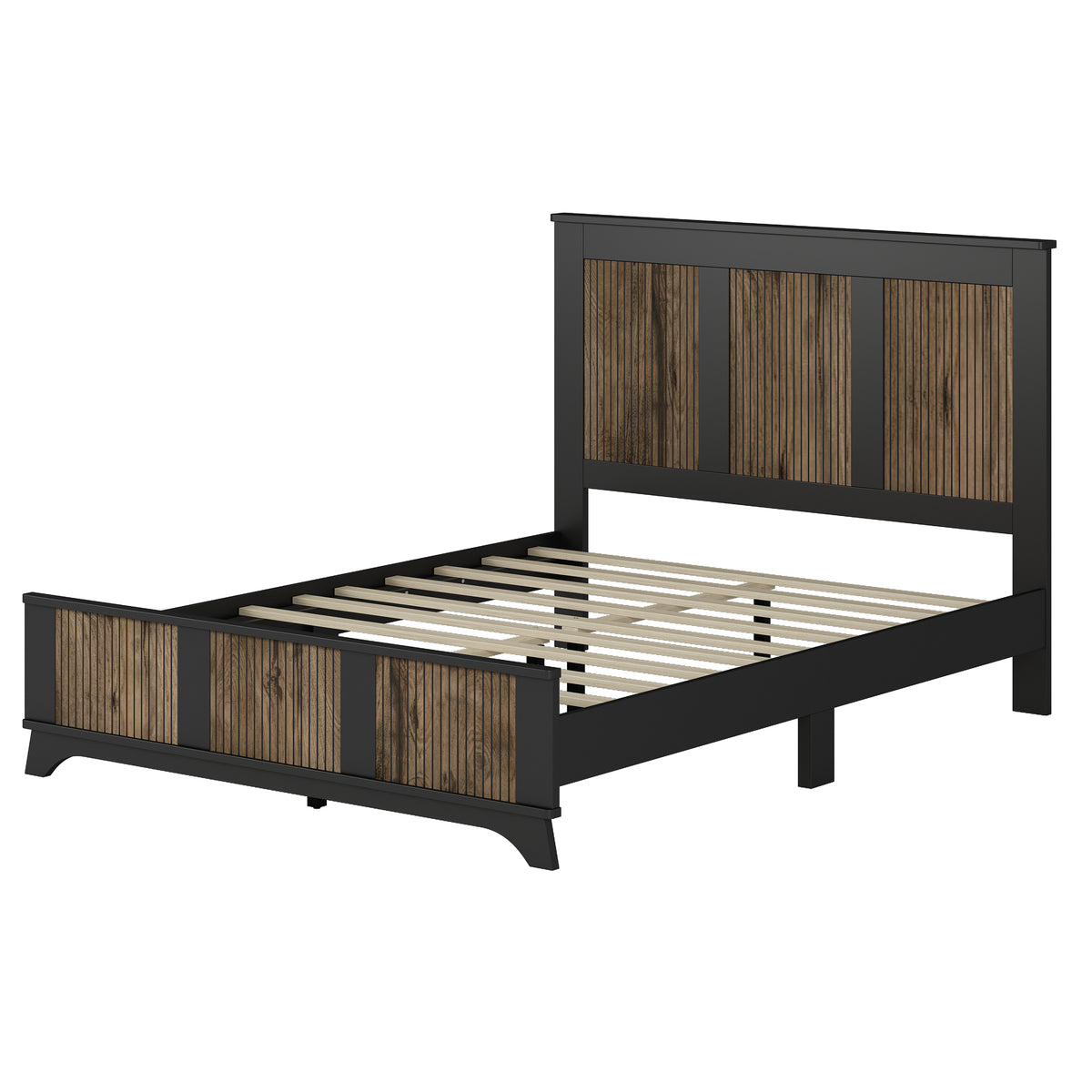 variant-group:rf-n733wf530906aab|Roomfitters Farmhouse Wooden Platform Queen Size Bed, Modern Platform Bed with Wooden Strip Stickers Decoration, Plywood Slats Support, Black
