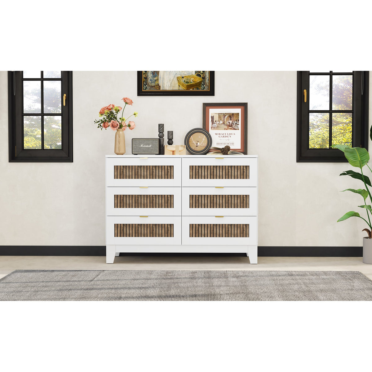 Roomfitters Elegant Dresser with Metal Handles and Glittering Decorative Accents, 6-Drawer Storage Cabinet for Bedroom and Living Room, White