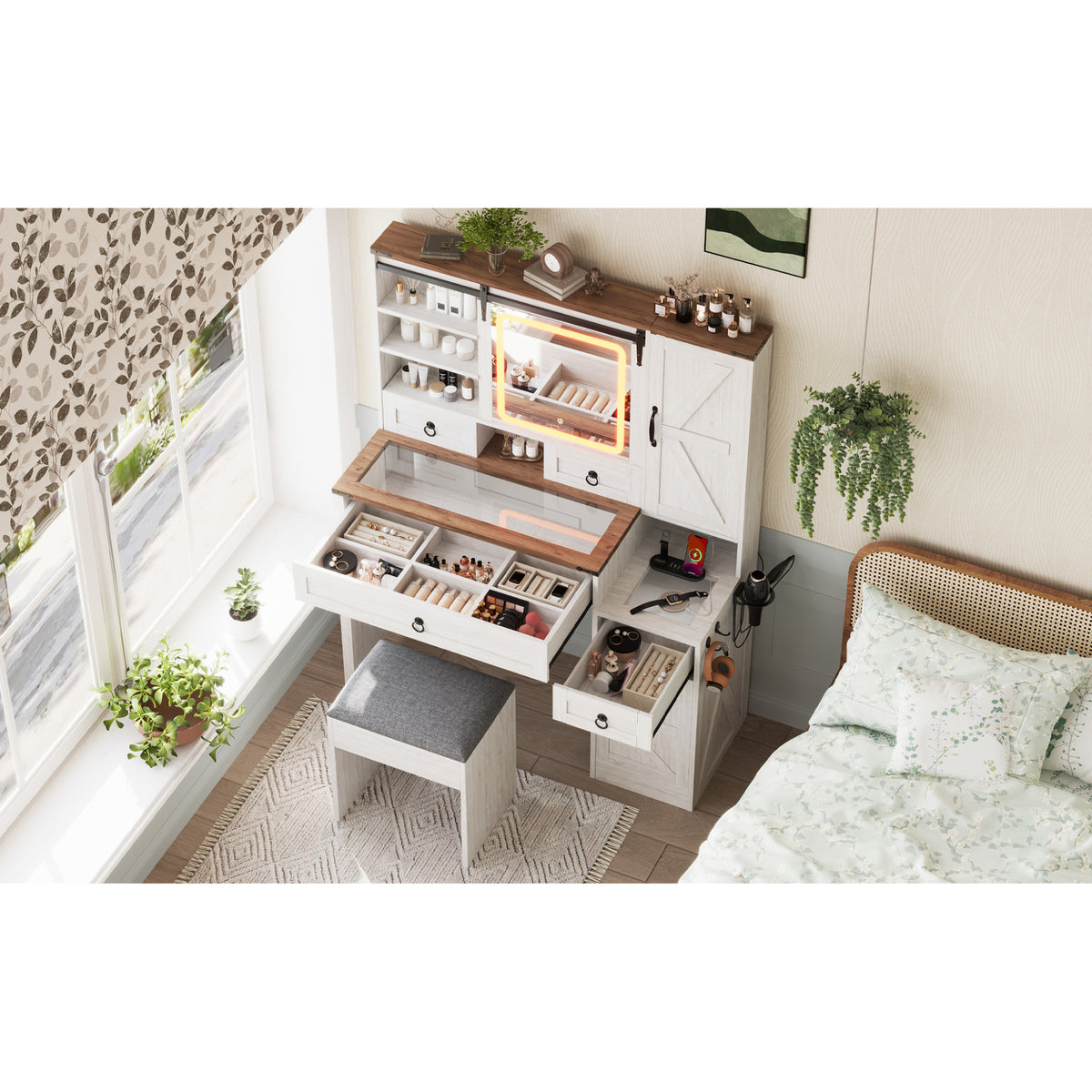variant-group:rf-n733p340562k|Roomfitters Farmhouse Vanity Desk with Sliding Mirror & Lights, Glass Top, Charging Station, 4 Drawers, 2 Cabinets, Stool, White