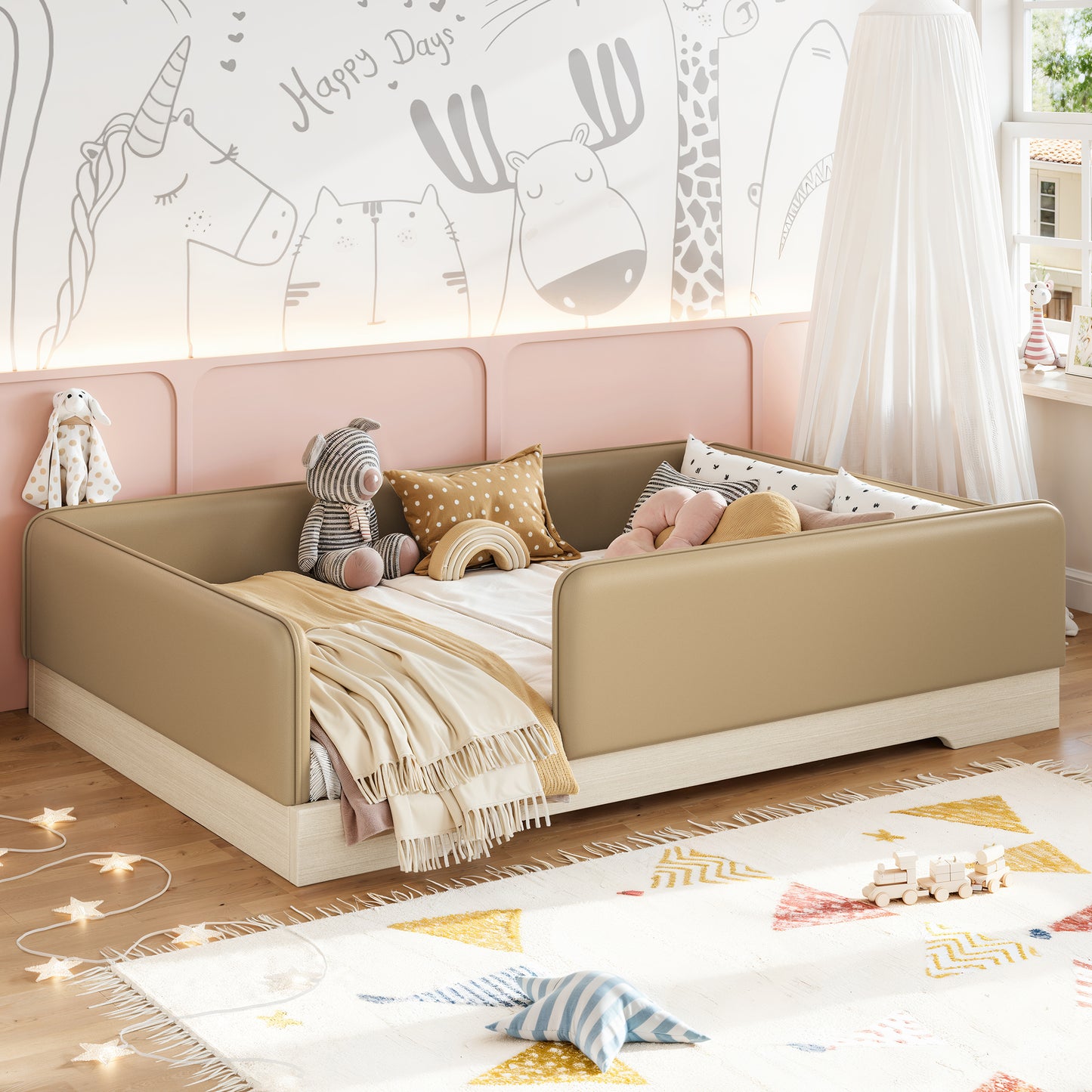 variant-group:rf-w1580s00670|Roomfitters Full Size Upholstered Floor Bed Frame with Removable Guardrails, Faux Leather Low Profile Platform, Brown