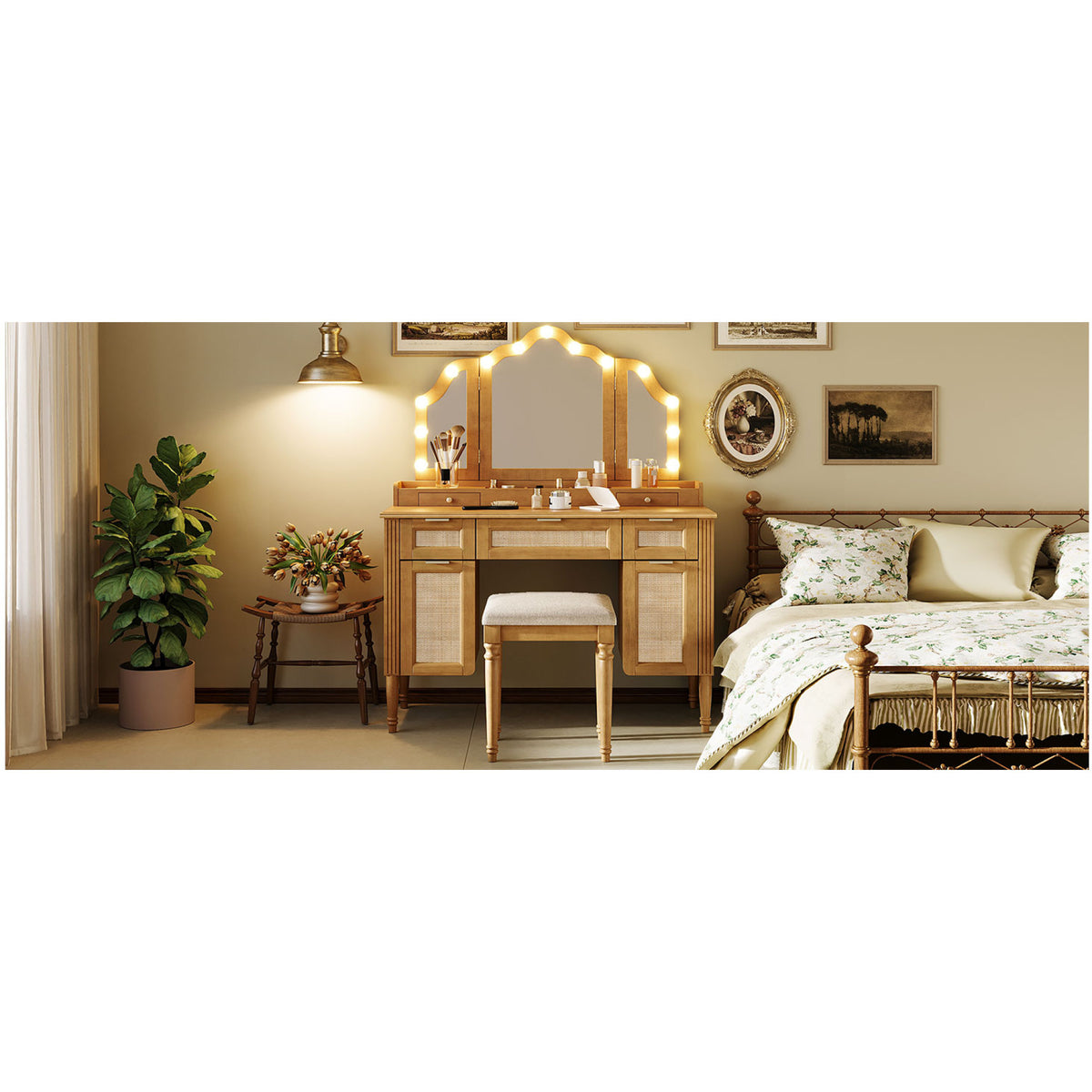 variant-group:rf-n704p342558n|Roomfitters 44-Inch Bohemian Makeup Vanity Desk with 13 Hollywood Bulbs Tri-Fold Mirror and Bamboo Drawers Natural