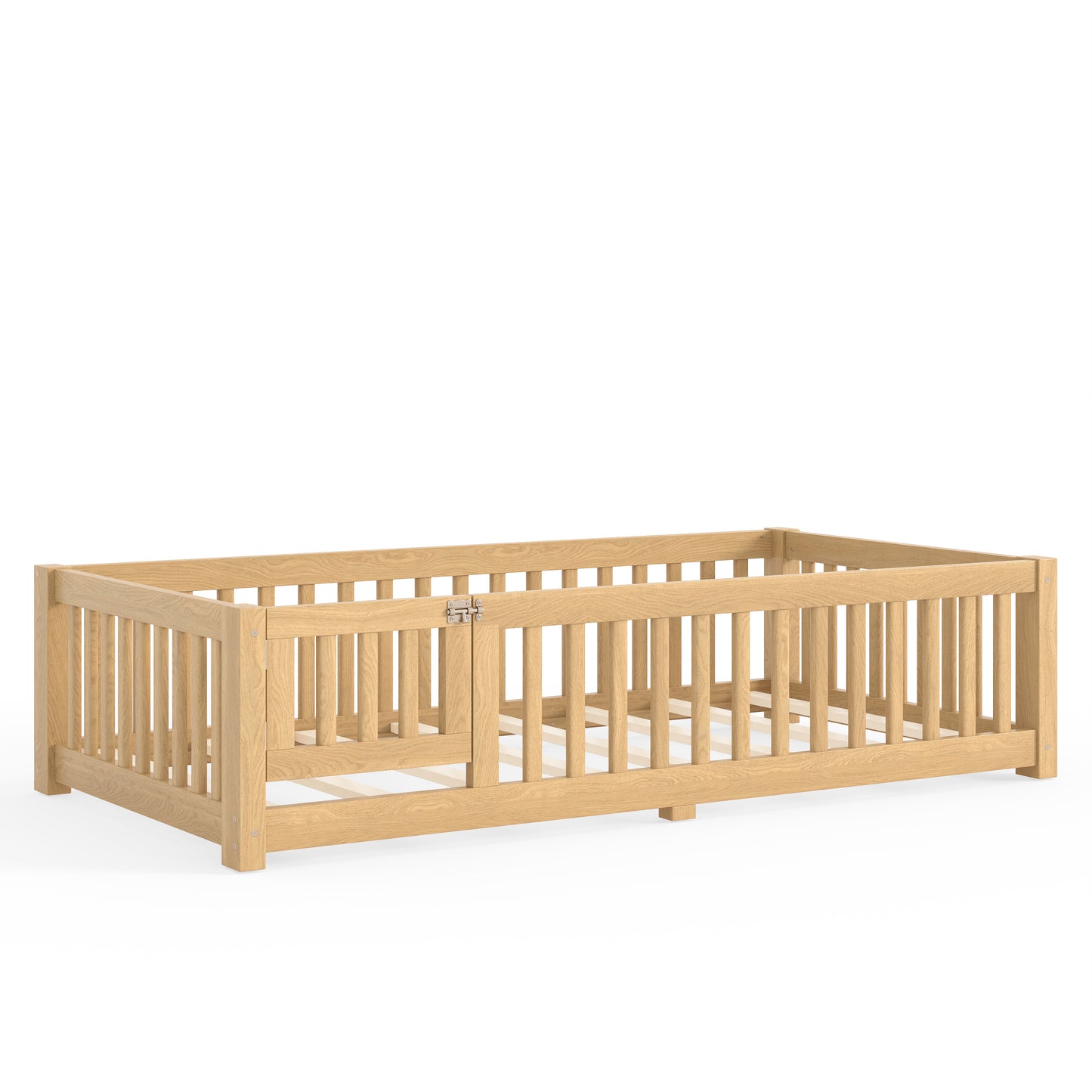 variant-group:rf-w1580p462314|Roomfitters Twin Size Wooden Floor Bed Frame with Safety Guardrails Door, Solid Wood Low Profile Toddler Play Bed, Natural