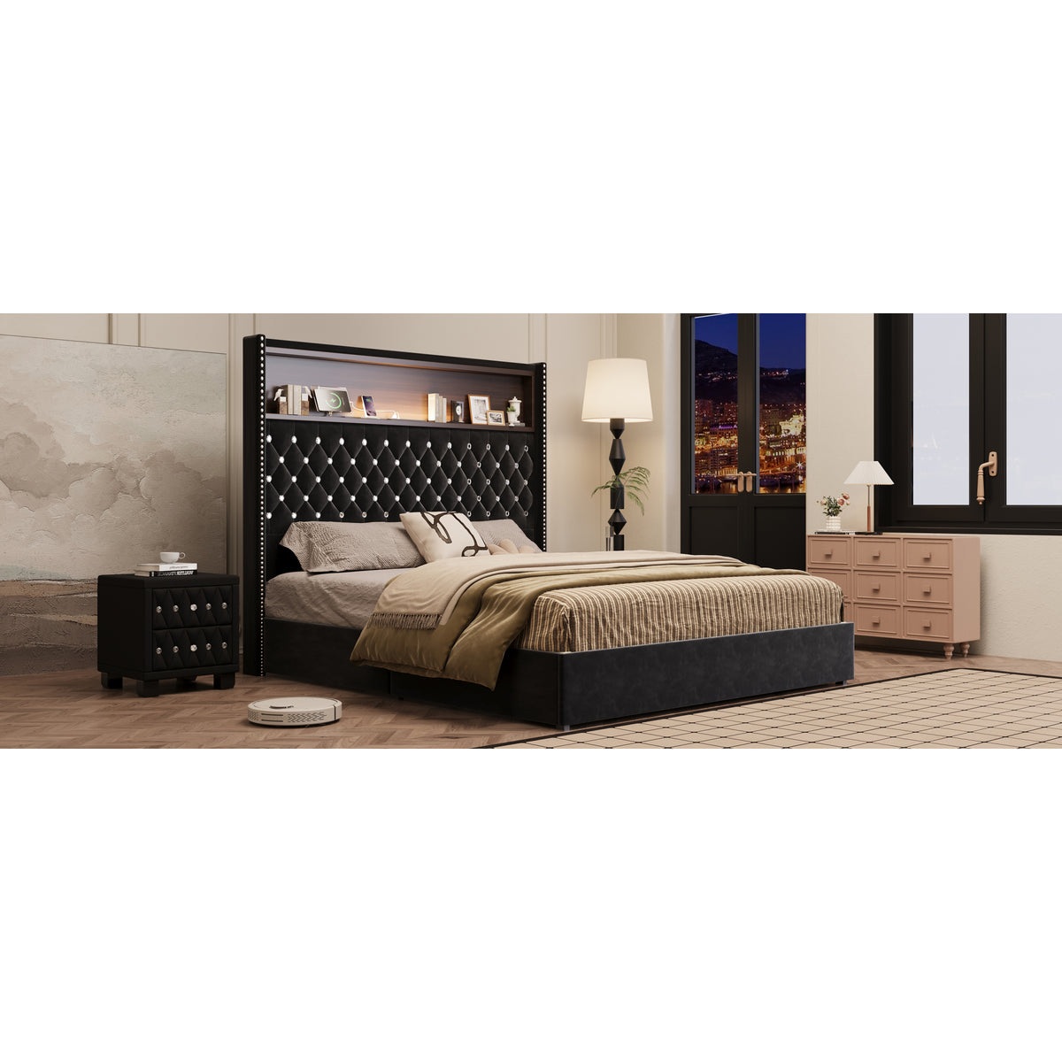 variant-group:rf-n733p367135b|Roomfitters Queen Velvet Tufted Platform Bed with Charging Ports, Tall Wingback Headboard with Rivet Trim and Shelf, Black