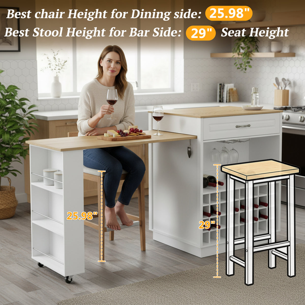 variant-group:rf-n711wy000493aak|Roomfitters White and Natural Wood MDF Extendable Bar Cabinet, Rolling Kitchen Island Table, Wine Rack Storage