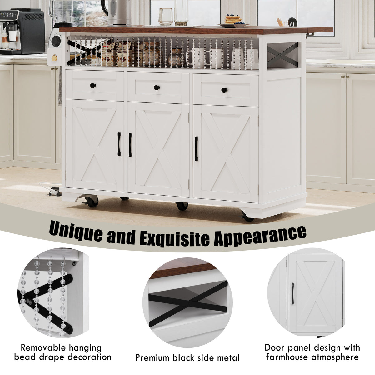 variant-group:rf-n707p254872w|Roomfitters 46.5" Rolling Kitchen Island with Drop Leaf, Mobile Cart with 2 AC Outlets & USB, Beaded Drape & 3 Drawers, White