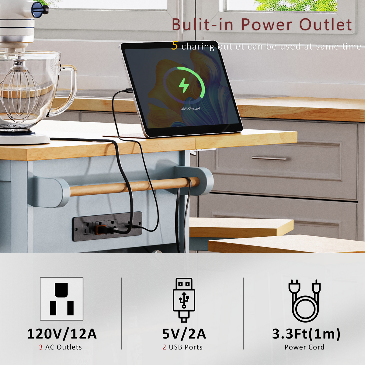 variant-group:rf-n707s003007g|Roomfitters 53" Kitchen Island with 2 Bar Stools, Drop Leaf, Power Outlet, Rolling Kitchen Cart Set with Storage, Grey-Blue