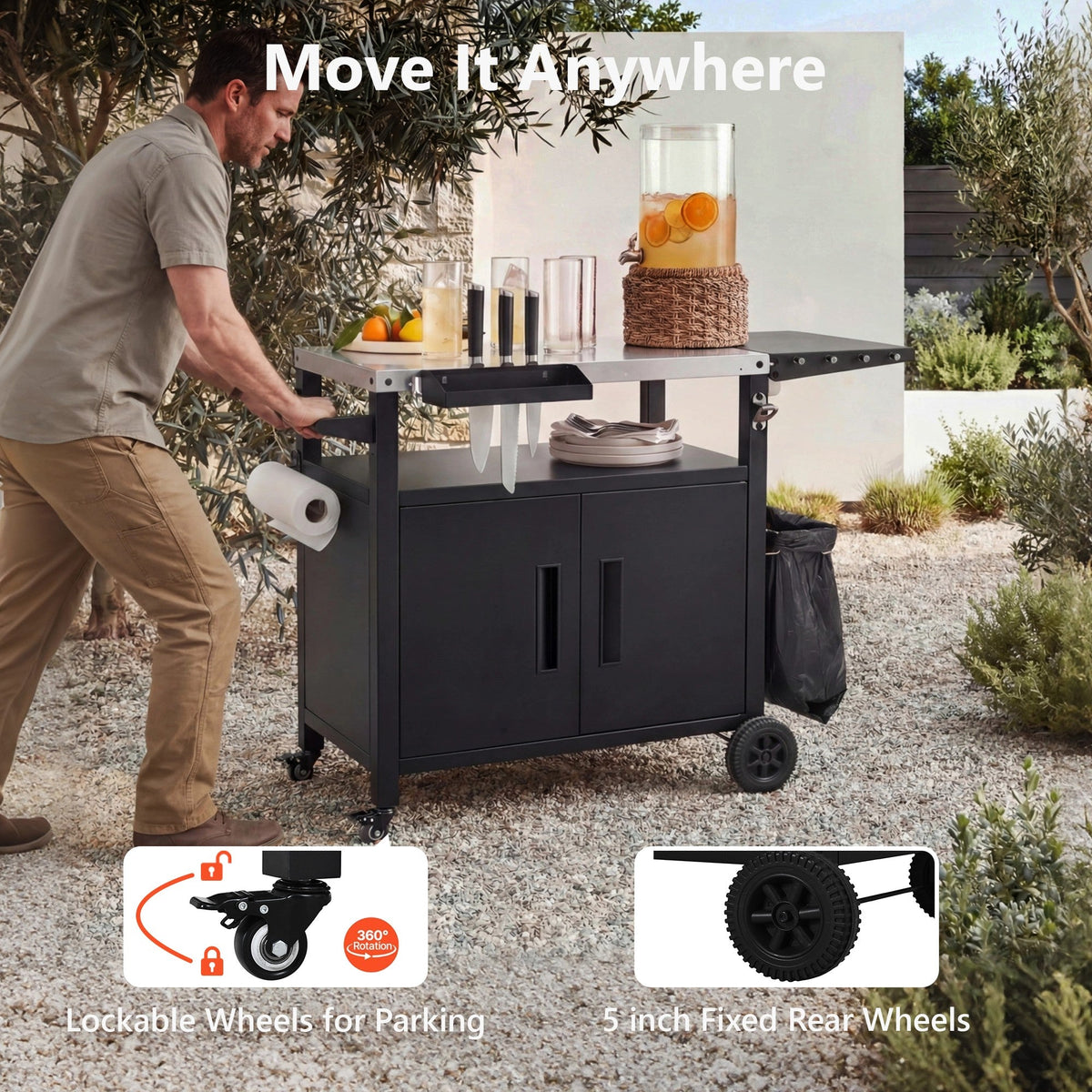 Roomfitters Grill Cart with Stainless Steel Top, Outdoor Kitchen Island, BBQ Prep Station with Trash Bag Holder and Hooks, Black