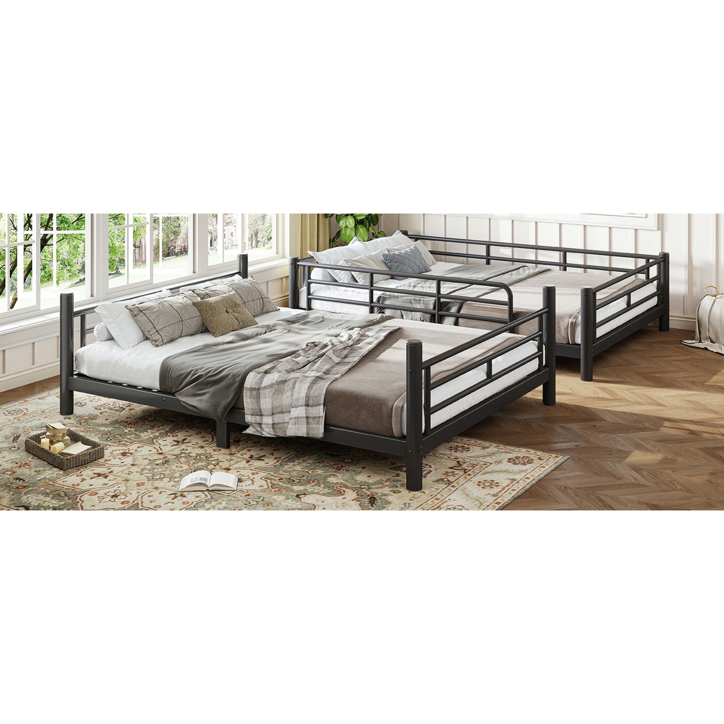 variant-group:rf-w1580p454730|Roomfitters Full over Full Metal Bunk Bed Frame for Teens Adults, Convertible 2 Separate Beds Round Tube, Black