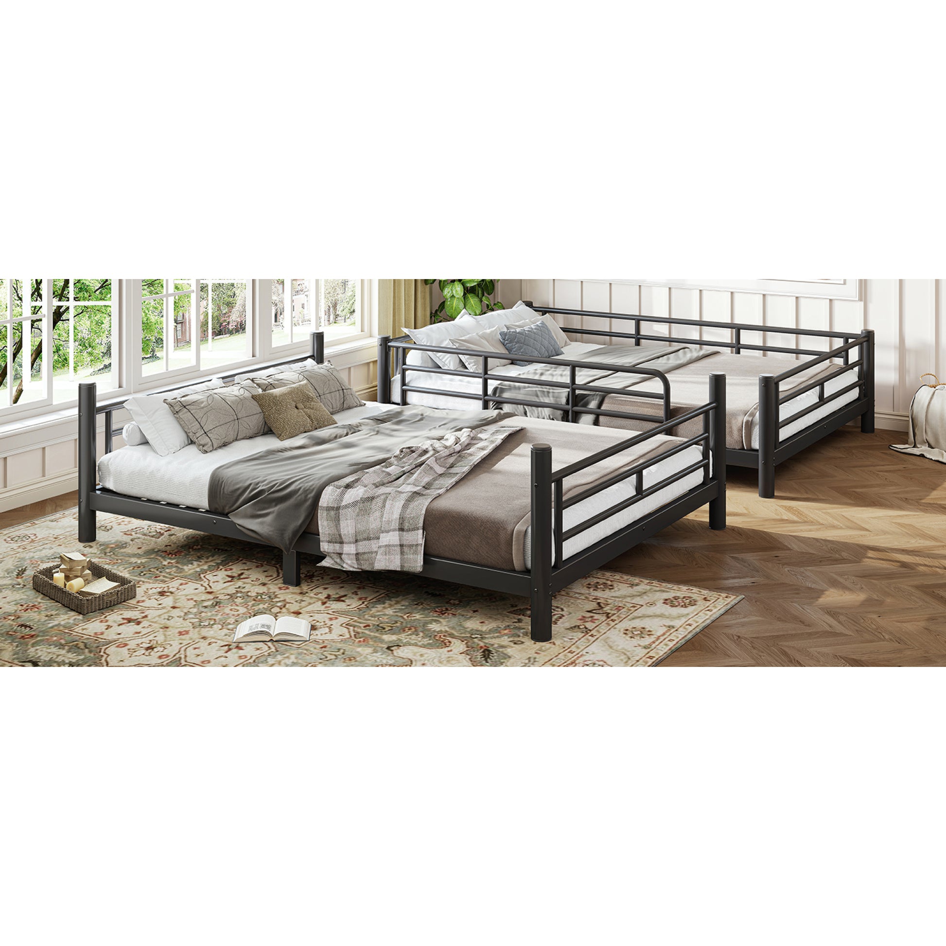 variant-group:rf-w1580p454730|Roomfitters Full over Full Metal Bunk Bed Frame for Teens Adults, Convertible 2 Separate Beds Round Tube, Black