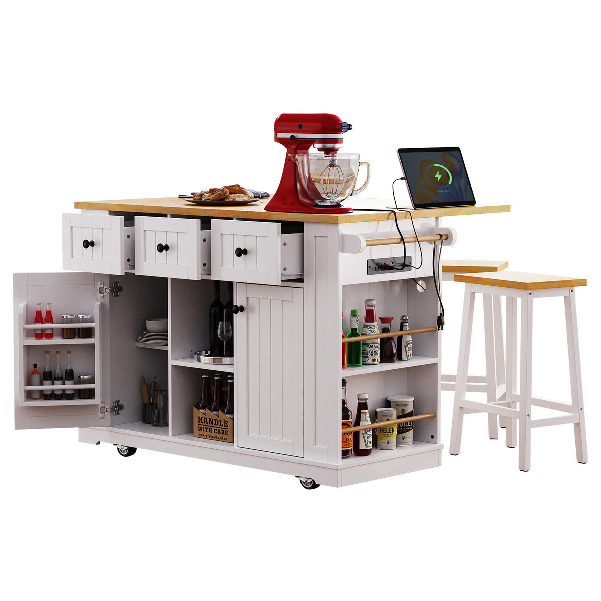 variant-group:rf-n707s003007w|Roomfitters 53" Kitchen Island with 2 Bar Stools, Drop Leaf, Power Outlet, Rolling Kitchen Cart Set with Storage, White