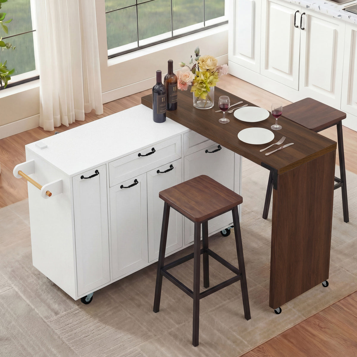variant-group:rf-n707s000026w|Roomfitters 102.3" Kitchen Island with Tilt Out Trash Can Cabinet, Rolling Storage Cart, Slide-out Spice Rack, White