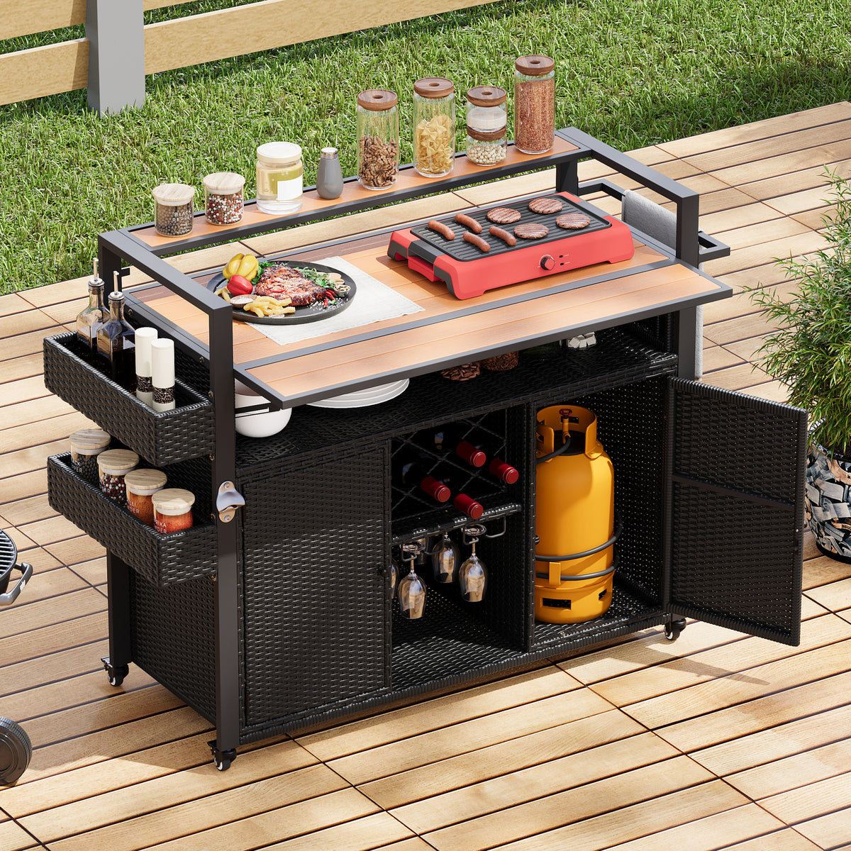 variant-group:rf-n707p233747b|Roomfitters 52.8" Wicker Outdoor Grill Cart with Plastic Wood Table, Rolling Island with Storage Cabinet, Double Handles, Black Brown