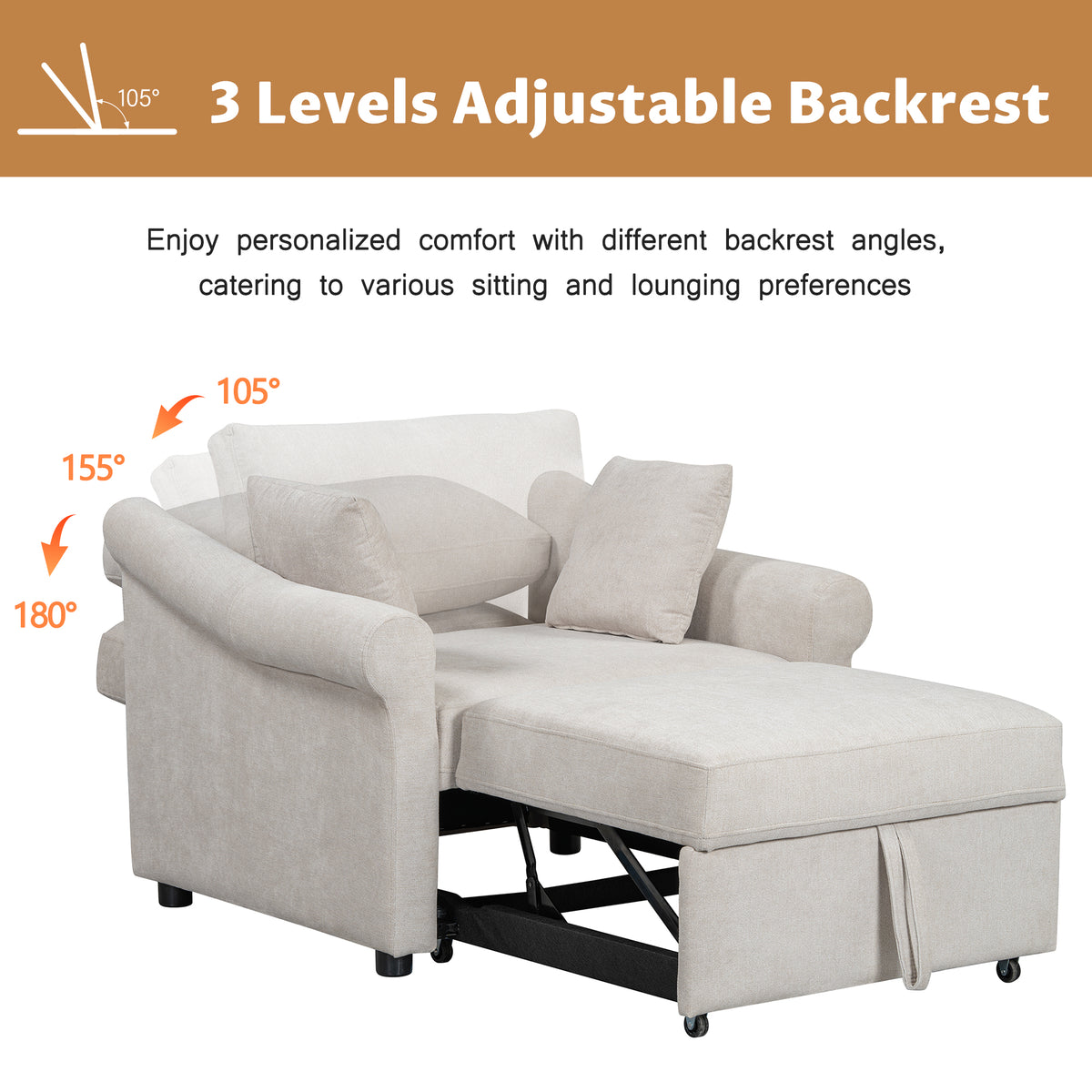 variant-group:rf-n701bs701p468429c|Roomfitters Chenille Convertible Sleeper Chair, 3 in 1 Single Sofa Bed Lounger, Adjustable Backrest Pull Out Bed, Beige