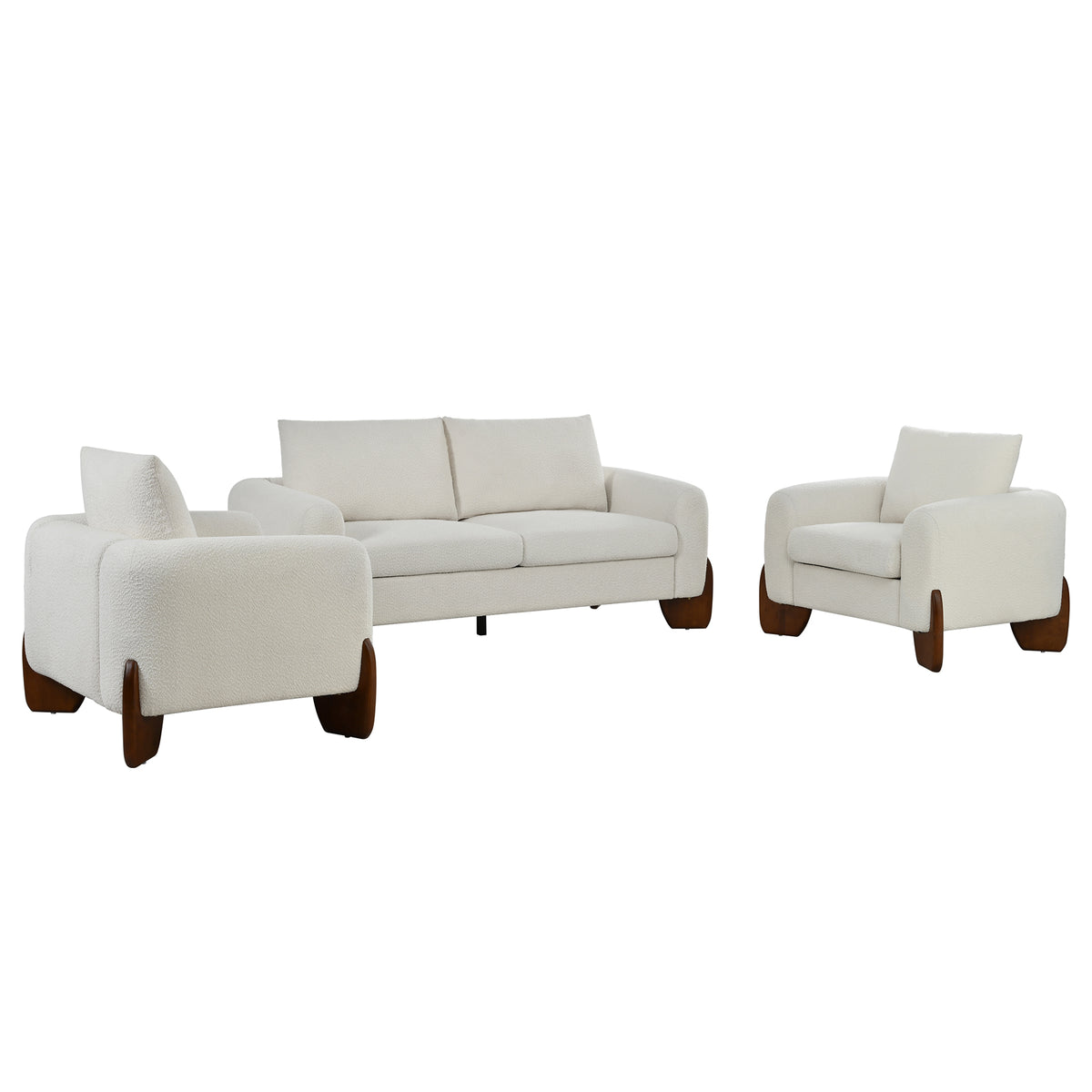 variant-group:rf-n711wy000479aaa|Roomfitters Modern 3-Piece Living Room Sofa Set, Bouclé Fabric Loveseat and 2 Armchairs Pack, Beige Pinewood Lounge