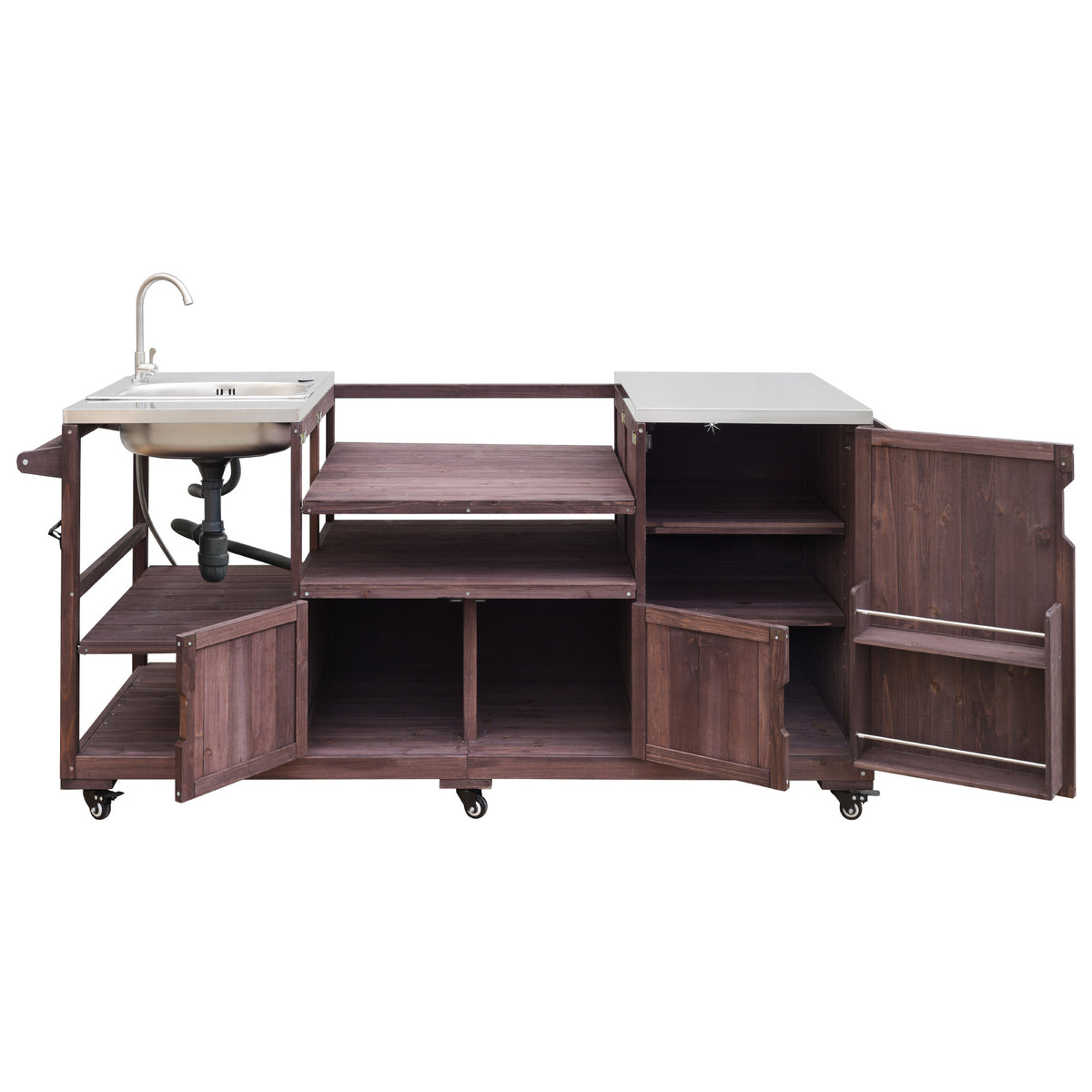 variant-group:rf-n707s000022z|Roomfitters 75.4" Outdoor Kitchen Island with Sink, Fir Wood Grill Cart for XL Green Egg & Tabletop Grills, Brown