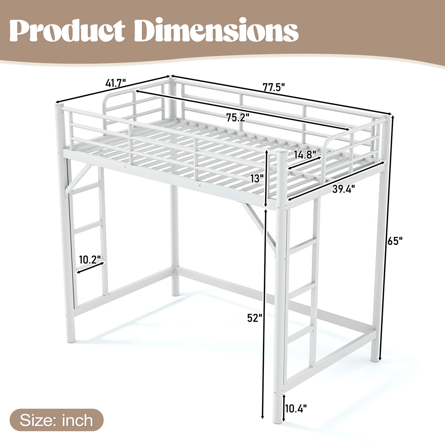 variant-group:rf-w1580p455012|Roomfitters Twin Size Metal Loft Bed Frame with Guardrails, Heavy Duty Space Saving High Loft Bed Dual Ladders, White