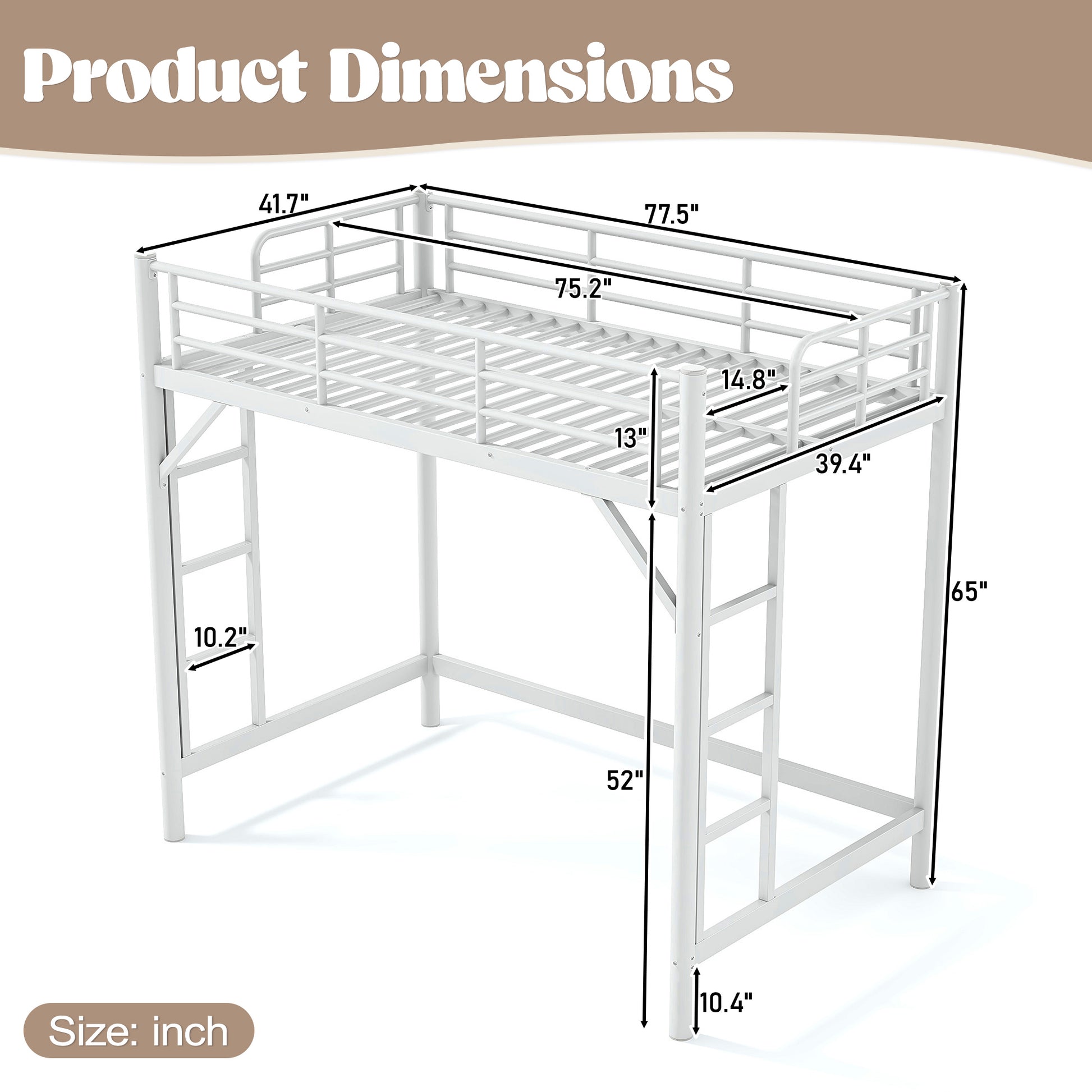 variant-group:rf-w1580p455012|Roomfitters Twin Size Metal Loft Bed Frame with Guardrails, Heavy Duty Space Saving High Loft Bed Dual Ladders, White