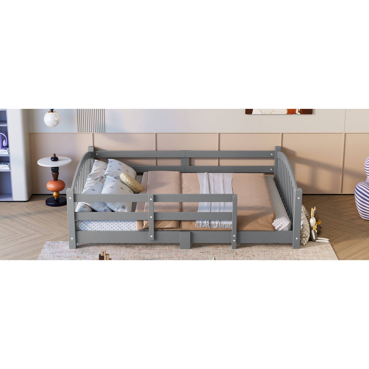 variant-group:rf-n733p400299e|Roomfitters Full Montessori Floor Bed with Guardrails, Solid Wood Low Platform Bed with Slats, Easy Assembly, Gray