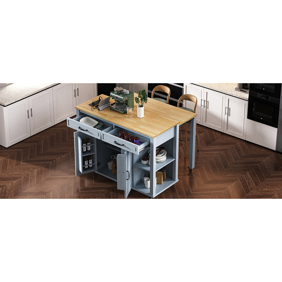 Roomfitters 47" Kitchen Island with Power Outlet and Drop Leaf, Rolling Storage Cabinet with Drawers, Modern Style, Grey+Blue