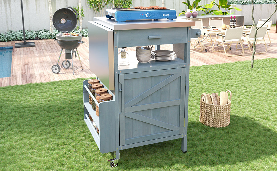 variant-group:rf-n707p228272g|Roomfitters 40.5" Outdoor Grill Cart with Stainless Steel Top, Wood Storage Cabinet, Drop Leaf, Rolling Cart, Blue Grey