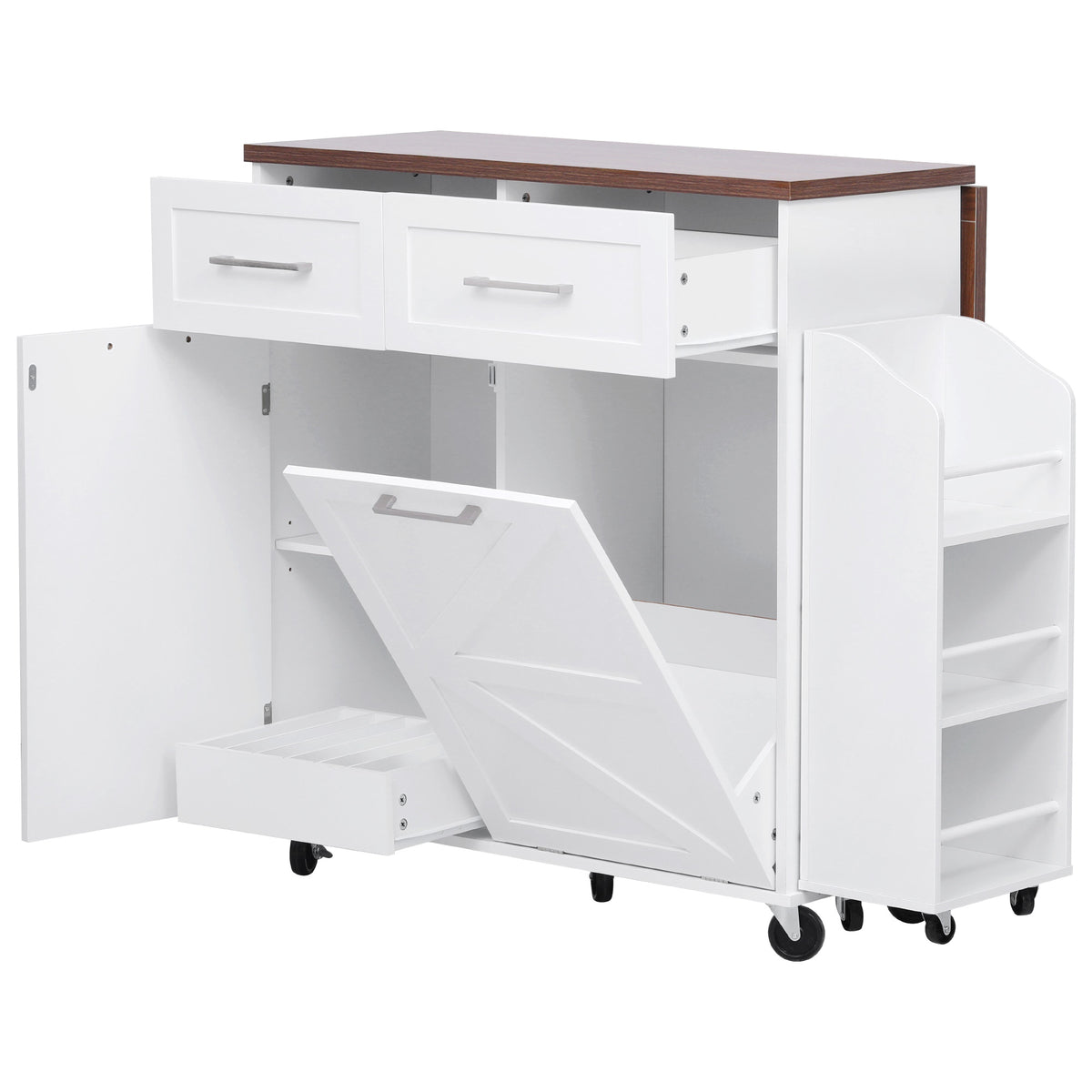 variant-group:rf-n707p307296w|Roomfitters 47.2" Farmhouse Kitchen Island with Drop Leaf, Tilt Trash Can Cabinet, Removable Mobile Side Racks, White