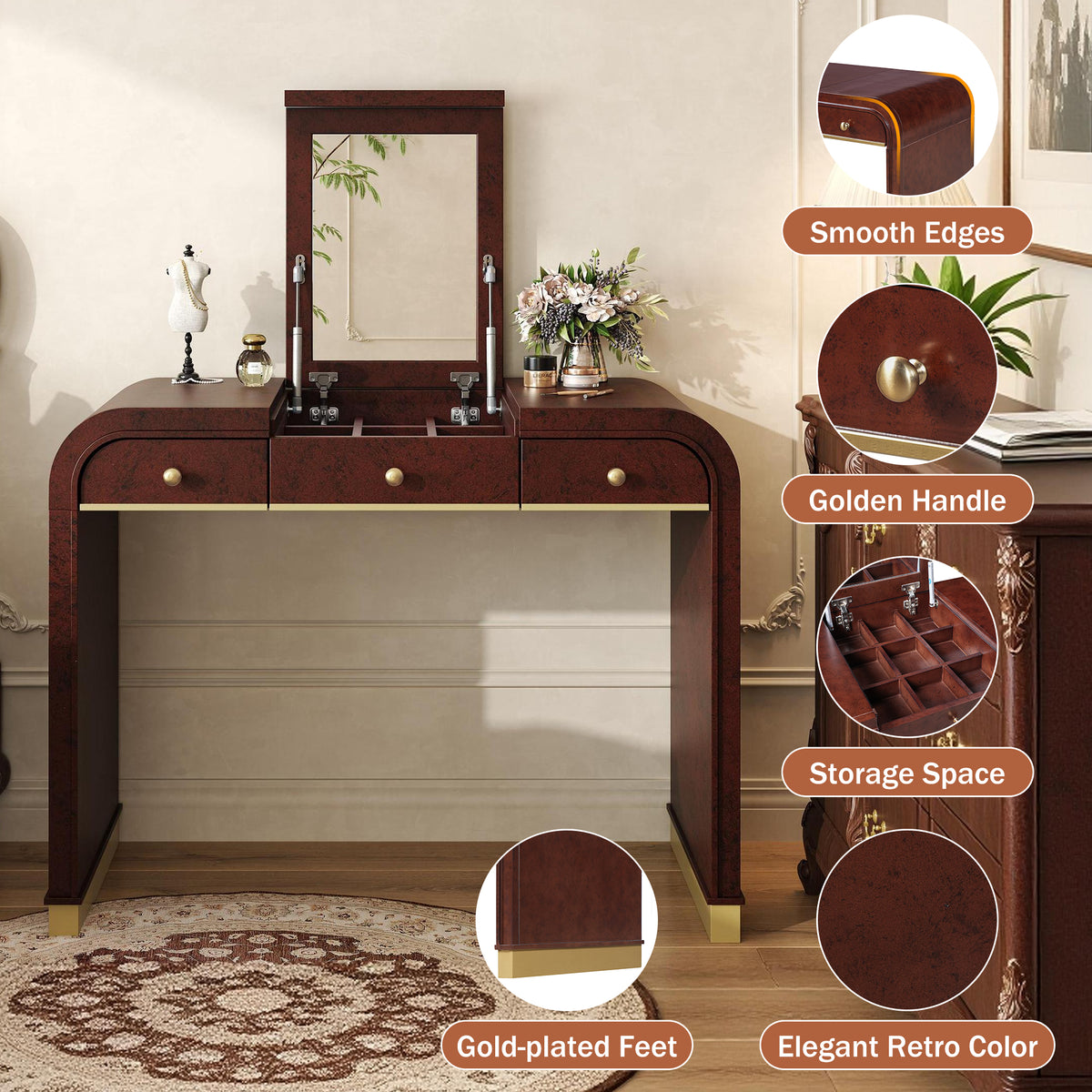 variant-group:rf-n704p381406p|Roomfitters Flip Top Vanity Desk with Mirror and Hidden Storage, Modern Makeup Table with Gold Trim for Small Space, Espresso