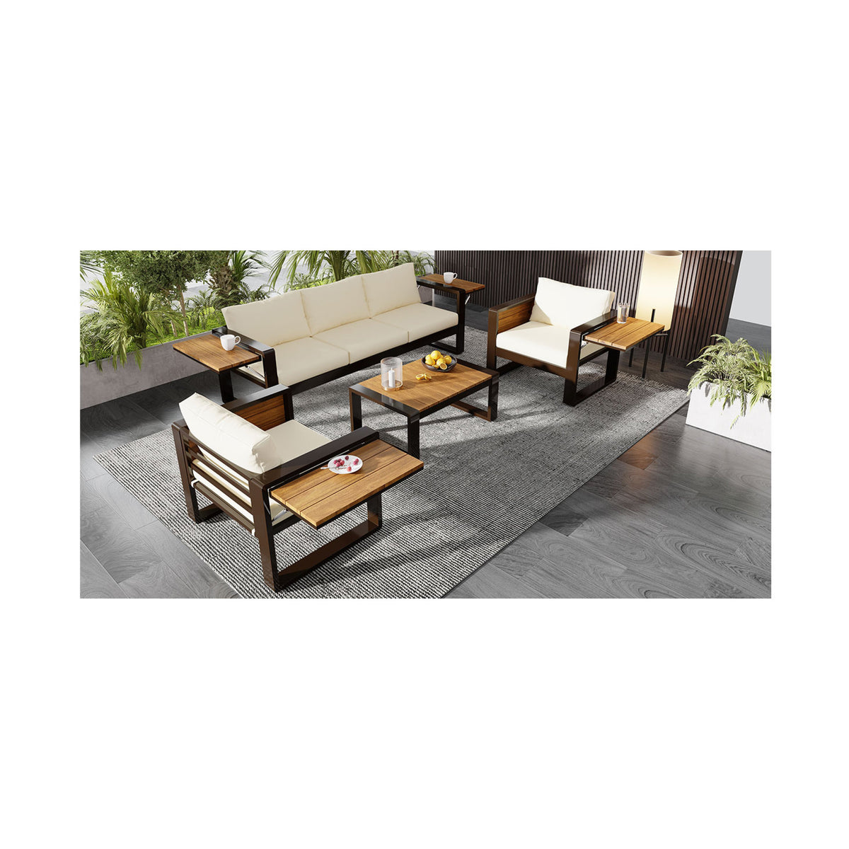 variant-group:rf-n704g201257a|Roomfitters 4-Piece Aluminum Patio Conversation Set with Four Fold-Out Side Trays and Slatted Coffee Table Beige