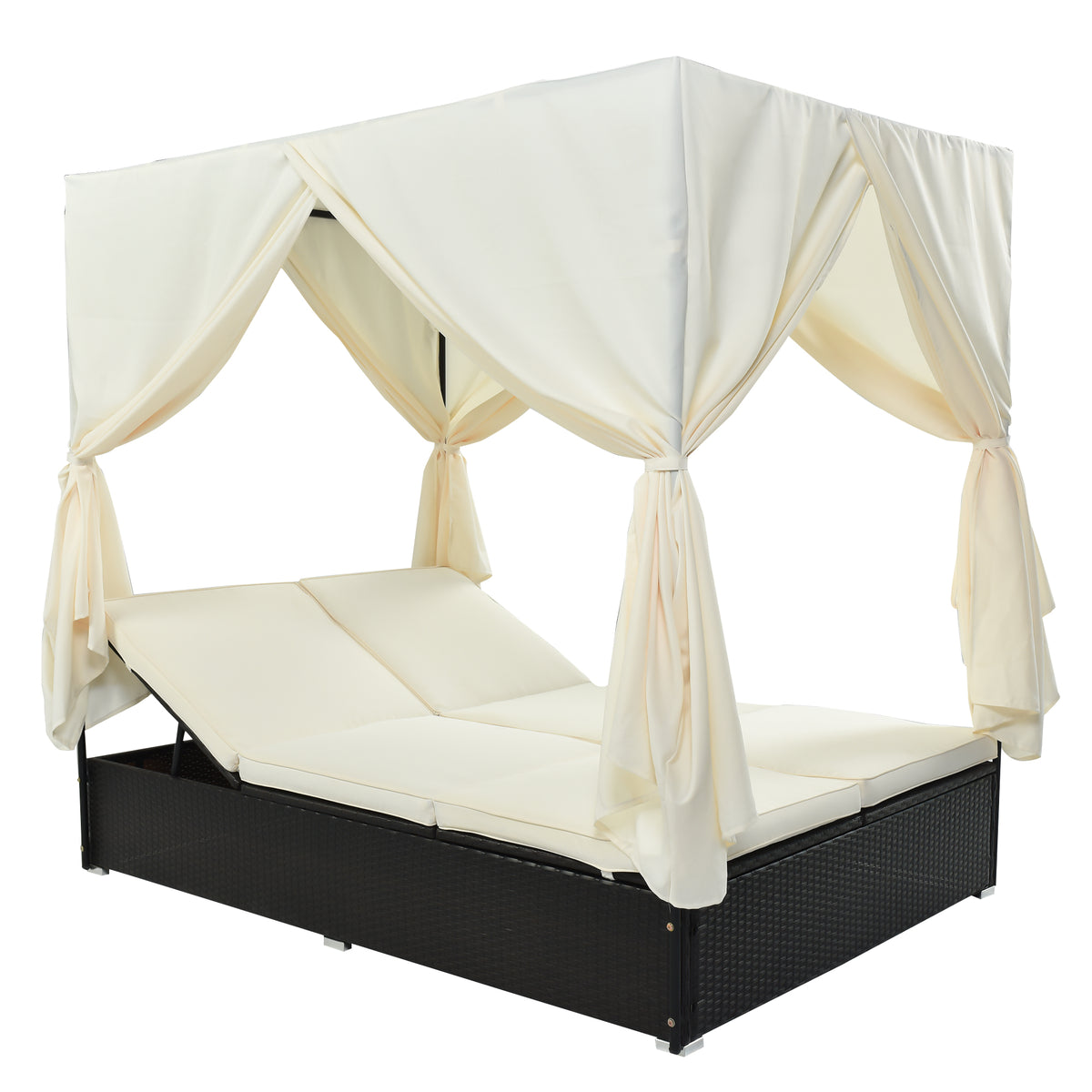 variant-group:rf-n711wy000476aak|Roomfitters Luxury Cabana Beige Outdoor Double Chaise Lounge Patio Daybed, Privacy Curtains, Adjustable Reclining