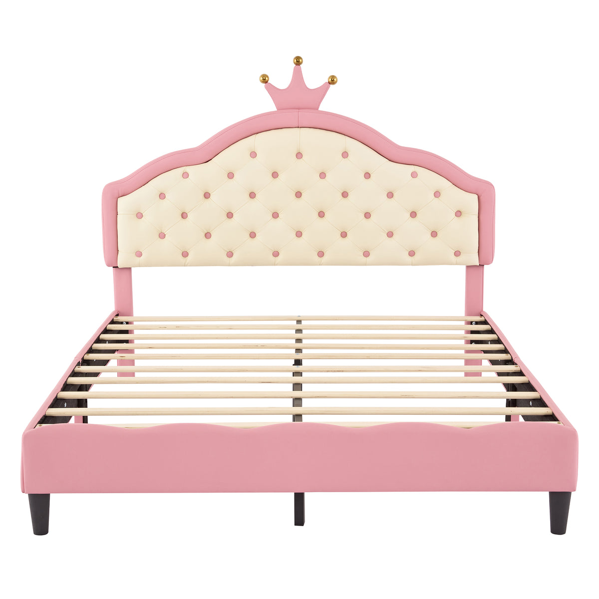 variant-group:rf-n733p198762h|Roomfitters Full Size Upholstered Princess Bed with Crown Design, Elegant PU Leather Platform Bed with Tufted Headboard for a Stylish Bedroom, Pink + Cream