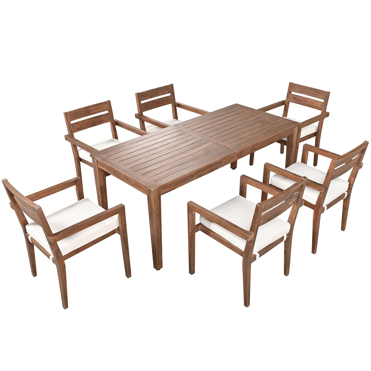 variant-group:rf-n711wy000459aad|Roomfitters 7-Piece Acacia Wood Outdoor Dining Set with Cushions, 6 Armchairs and Rectangular Table for Patio Garden, Burly Wood