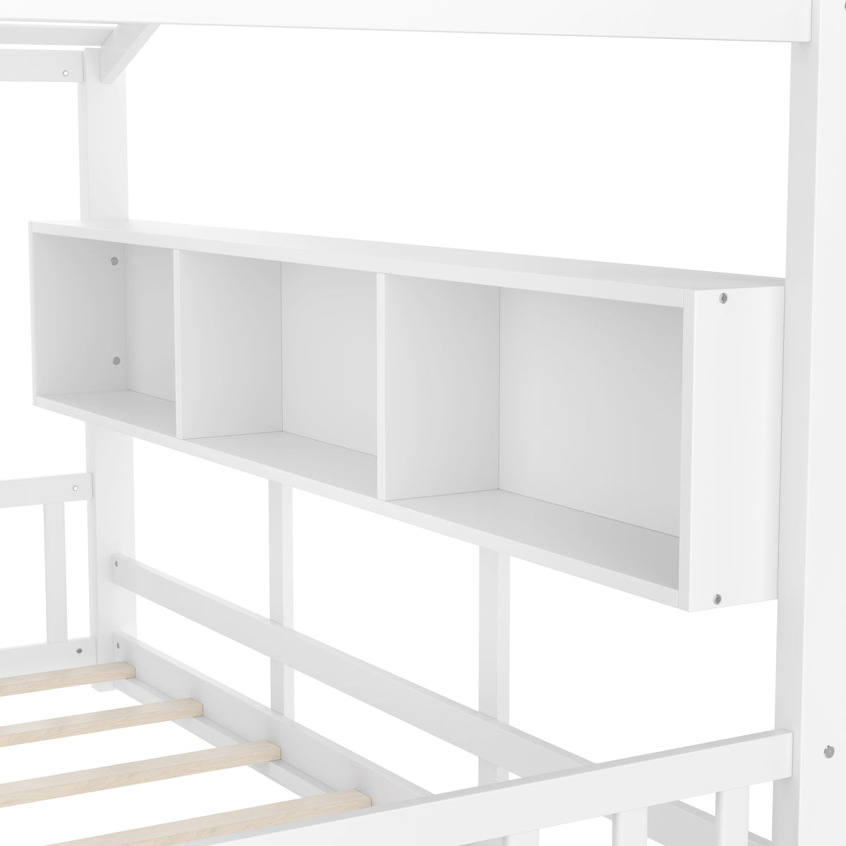 variant-group:rf-n733p335064k|Roomfitters Twin Size Floor House Bed with Storage Shelf and Roof Design, Montessori Playhouse Bed, White