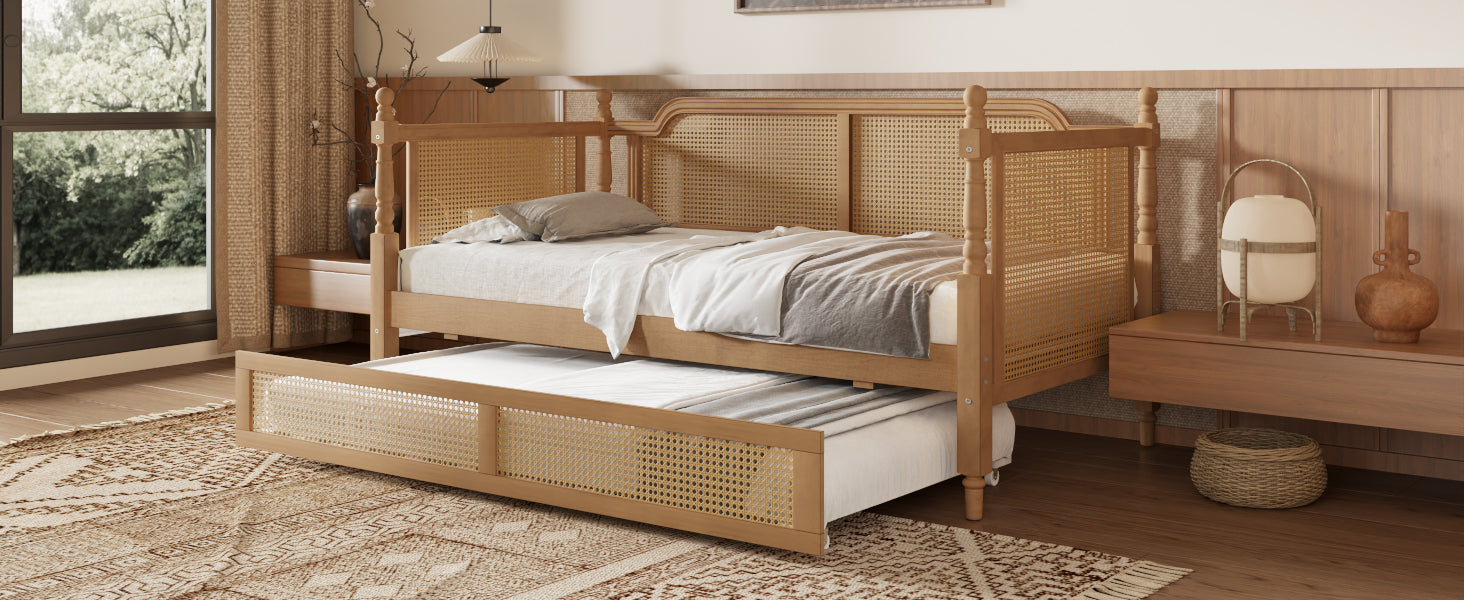 variant-group:rf-n701bs701p415494d|Roomfitters Full Size Traditional Rattan Daybed Frame with 2 Storage Drawers, French Country Wood Bed, No Box Spring, Walnut