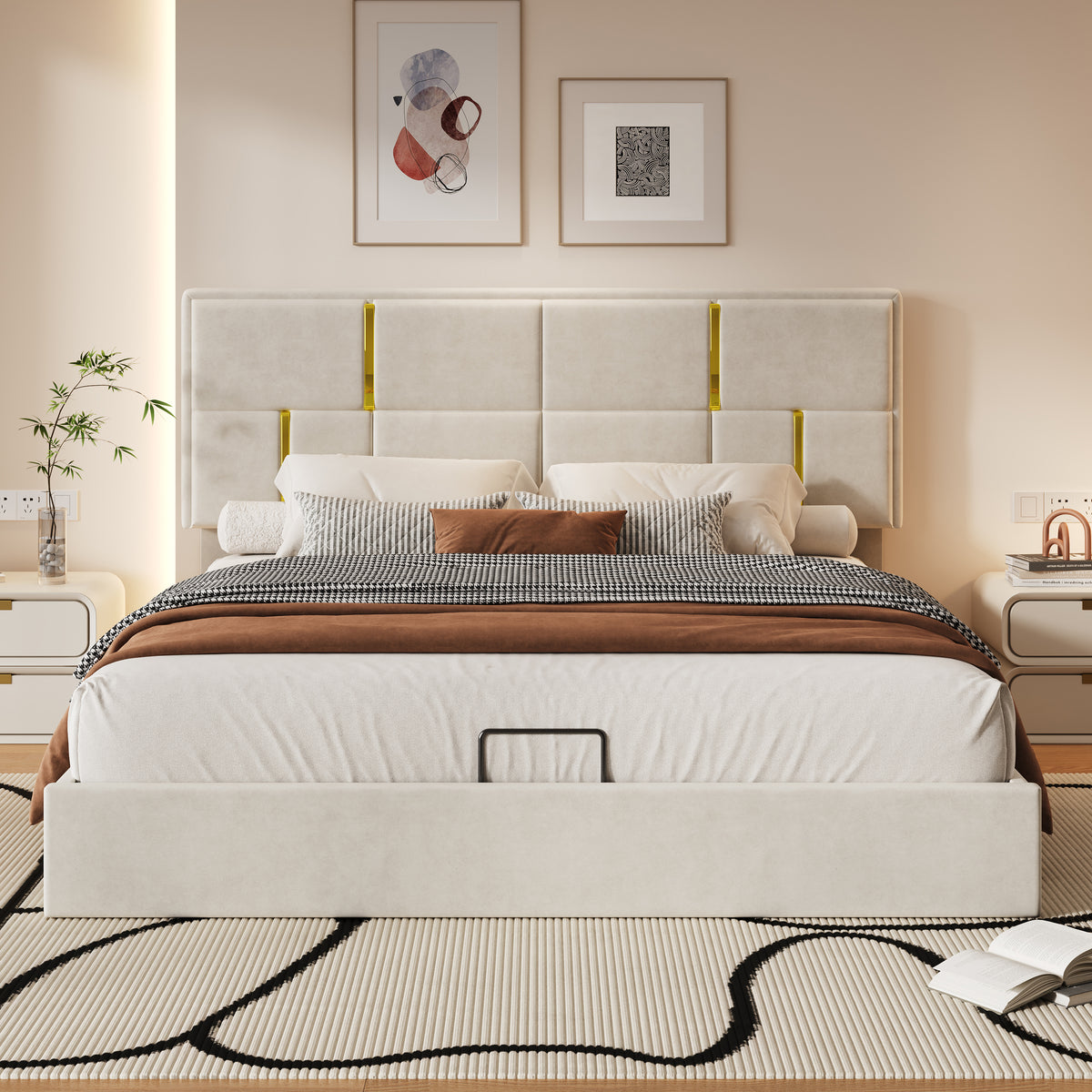 variant-group:rf-n733s362241a|Roomfitters Queen Upholstered Platform Bed with Hydraulic Storage Lift, Modern Bed Frame, No Box Spring Required, Beige