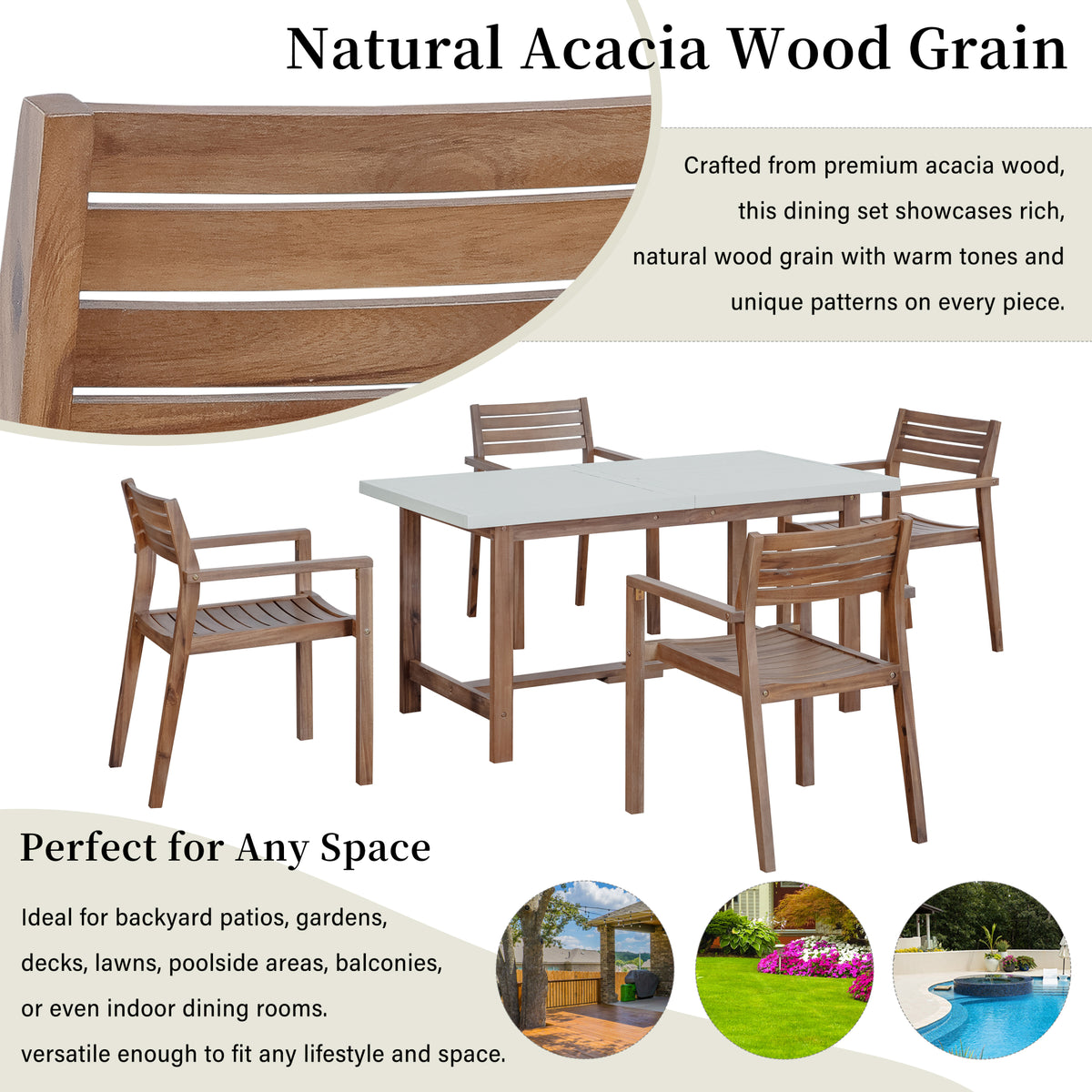 variant-group:rf-n711wy000477aad|Roomfitters Farmhouse 5-Piece Outdoor Dining Set for 4, 59-Inch Rectangular Table, Umbrella Hole, Light Grey Acacia
