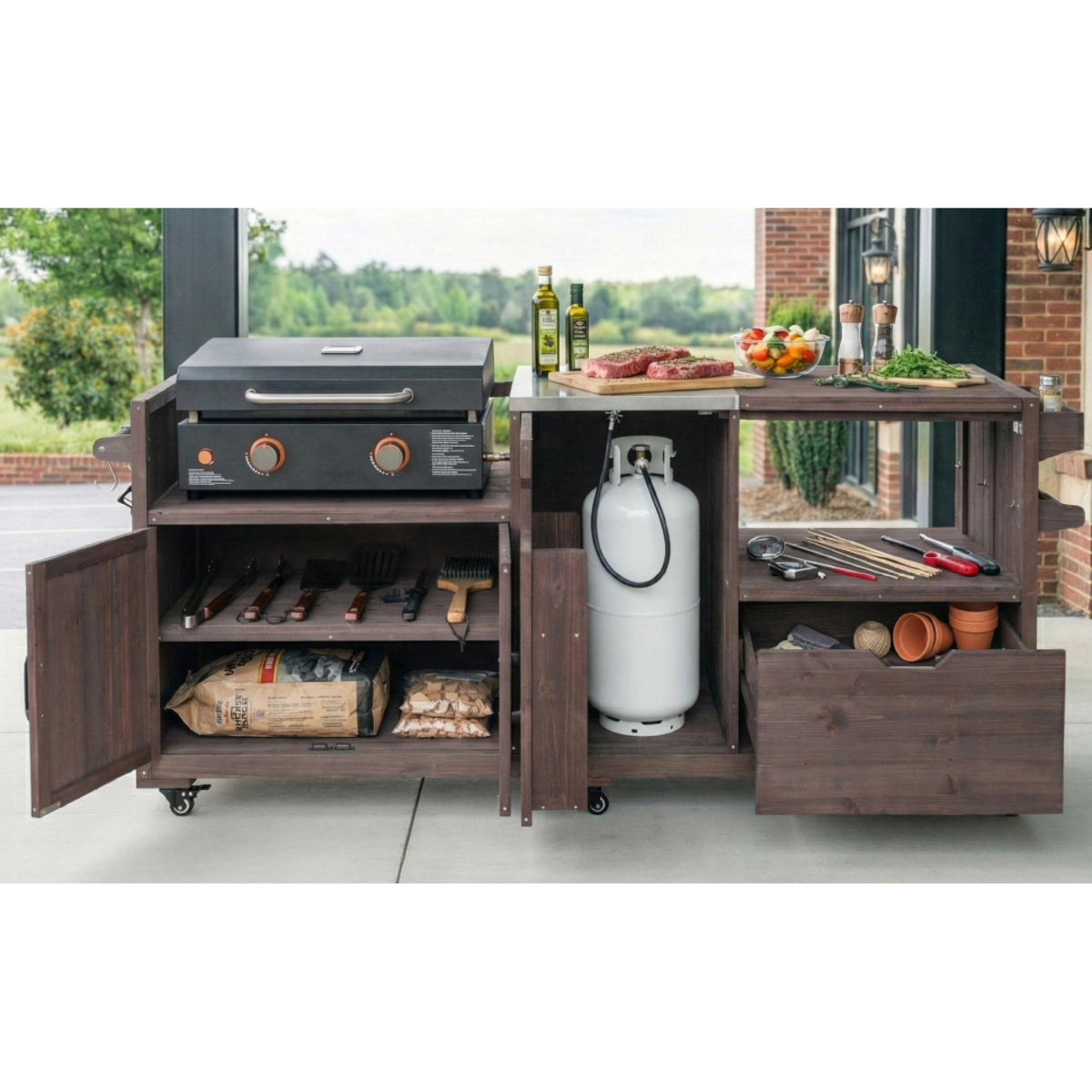 variant-group:rf-n707p392140z|Roomfitters 80.5" Extra Large Grill Cart, Outdoor Kitchen Prep Station with Stainless Steel Top & Kamado Grill Stand, Dark Brown