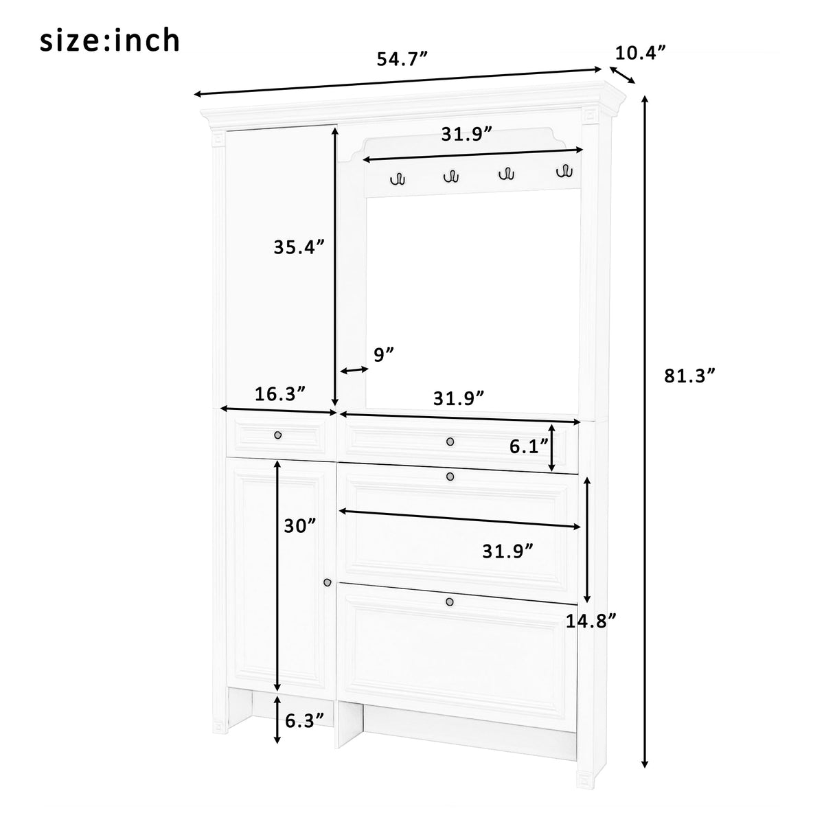 Roomfitters Hall Tree with Shoe Cabinet and Mirrored Door, 4 Hooks and Bench Storage Organizer, White Roomfitters