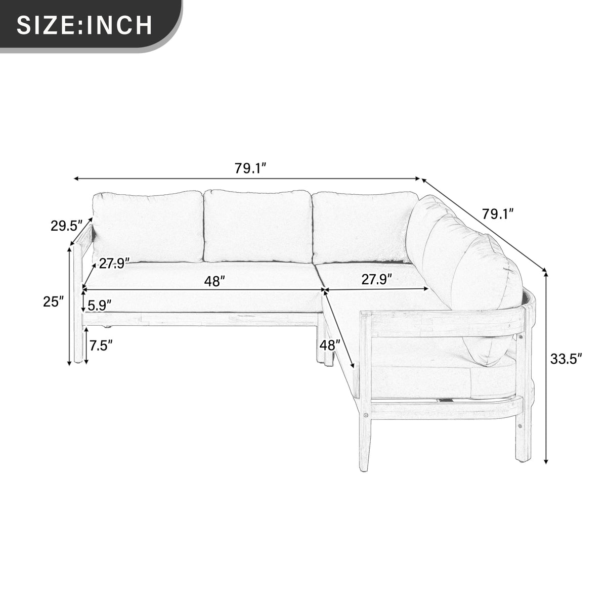 Roomfitters Modern Contemporary Slate Grey Solid Acacia Wood L-Shaped Outdoor Patio Sectional Sofa Conversation Seating Set Roomfitters