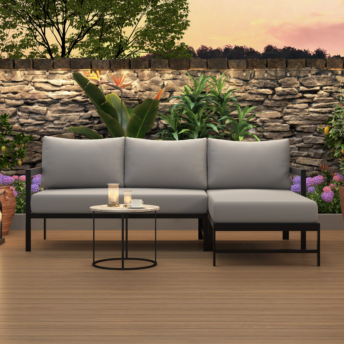 variant-group:rf-n711wy000480aae|Roomfitters Modern L-Shaped Outdoor Sectional Sofa, 3-Seater Patio Conversation Couch, Grey Cushions, Iron Frame Lounge