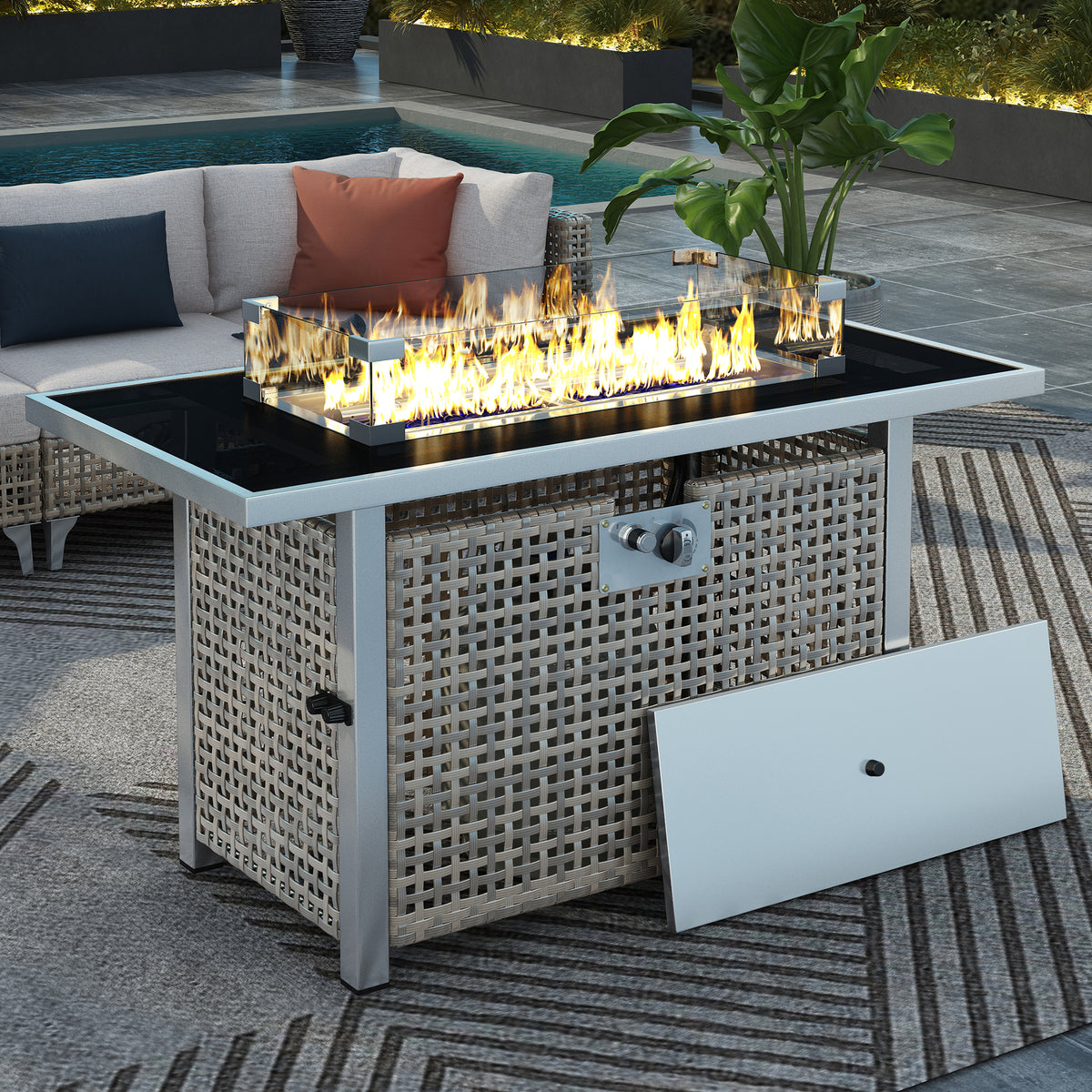 variant-group:rf-n707p210158g|Roomfitters 43" Propane Fire Pit Table, 60,000 BTU Rectangular Wicker Fire Pit with Glass Wind Guard for Patio, Grey